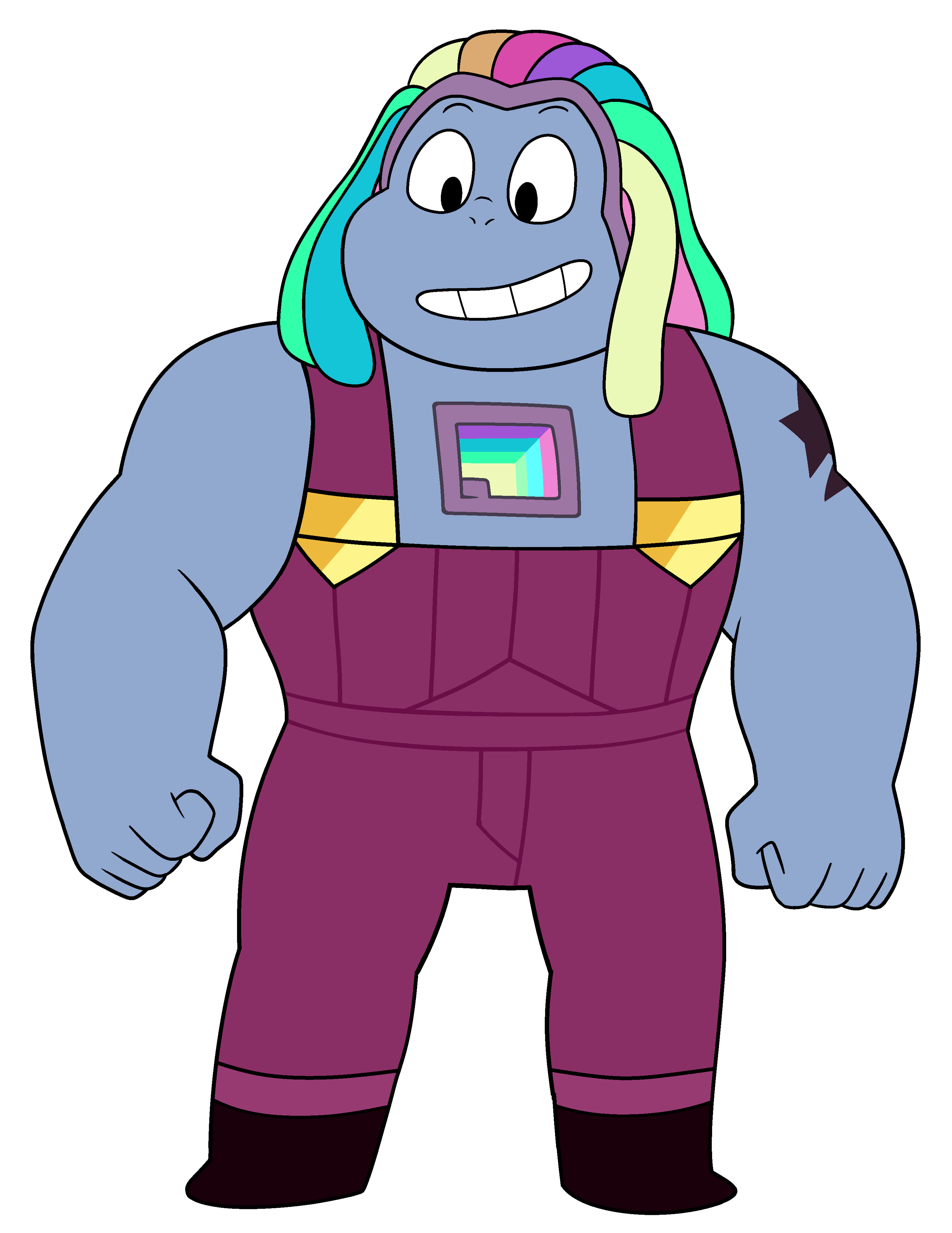 A large, muscular Gem character with gray skin and rainbow-colored hair