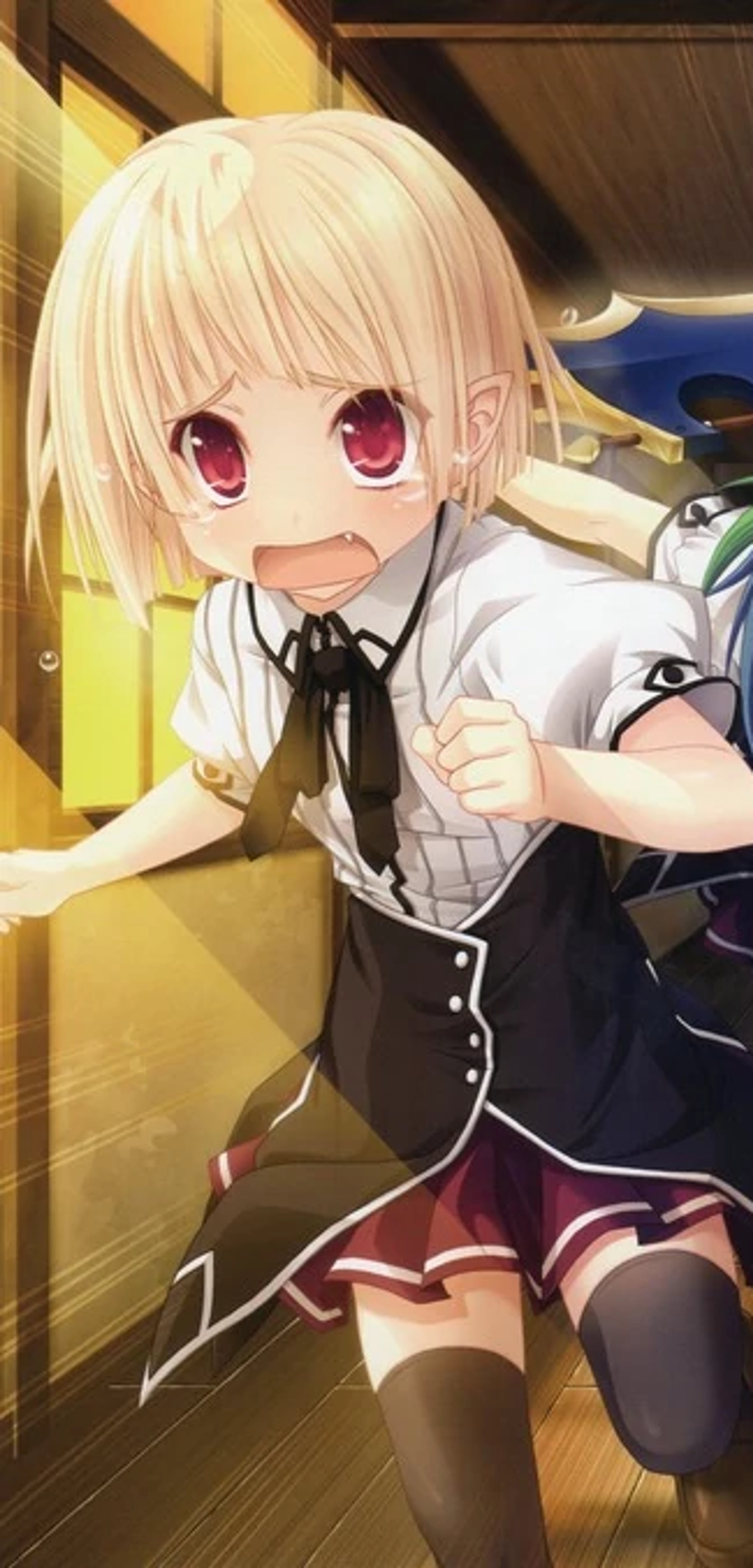 An anime-style character with platinum blond hair and a feminine appearance, wearing a black school uniform.