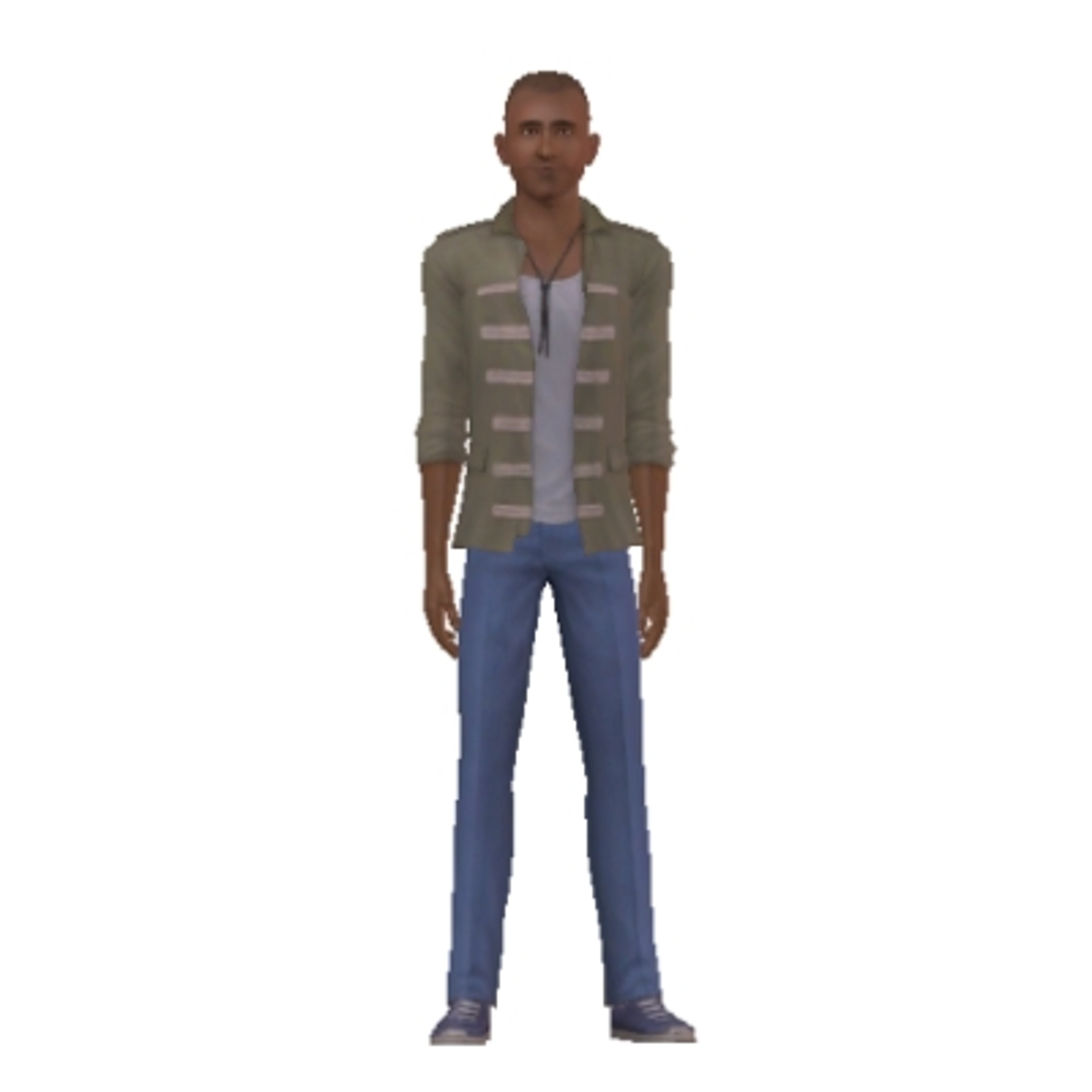 A young police officer with dark skin and hazel eyes, wearing a police uniform and appearing somewhat clumsy.