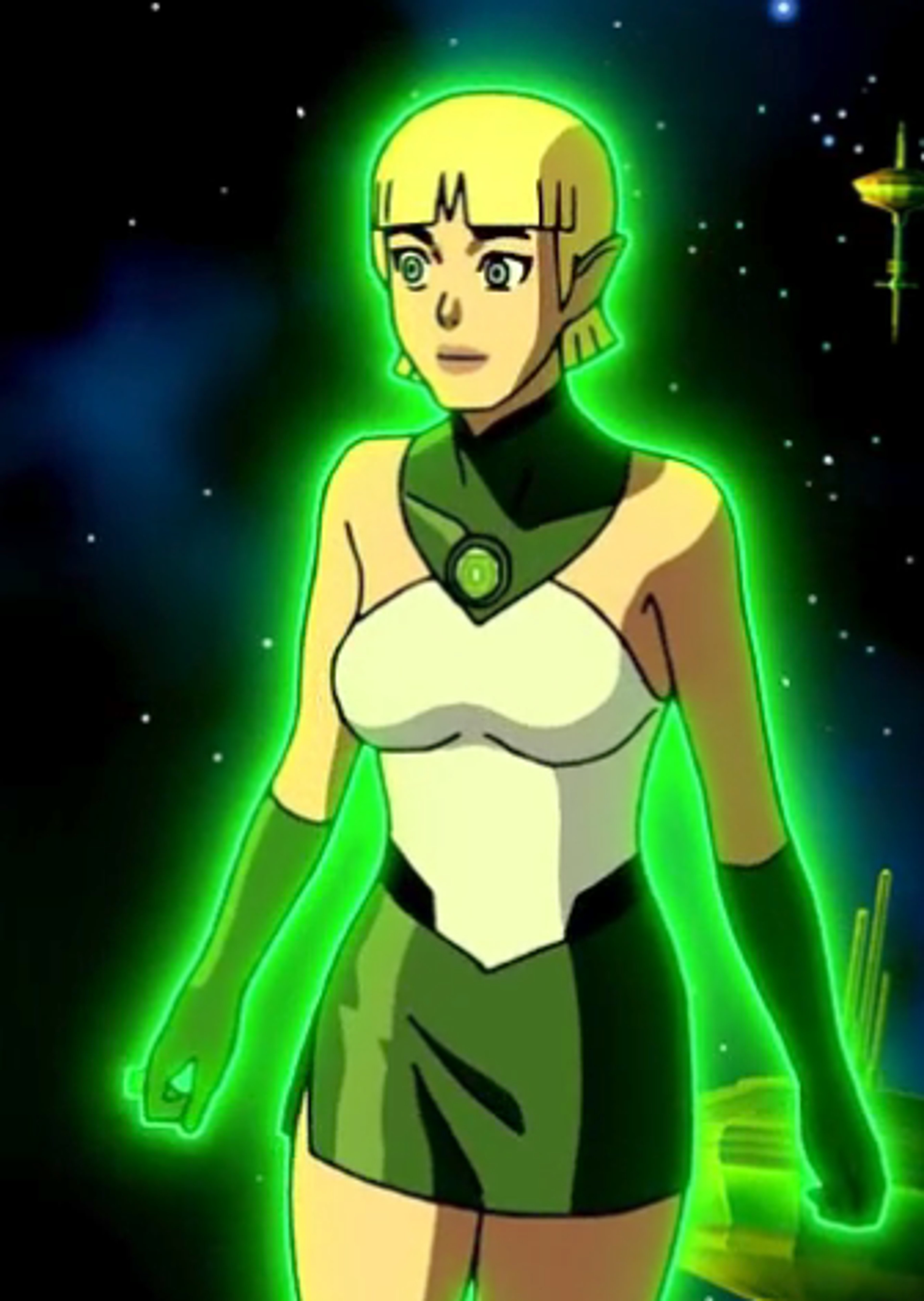 A young, blond-haired, green-clad female character with a determined expression, standing in a cosmic setting.