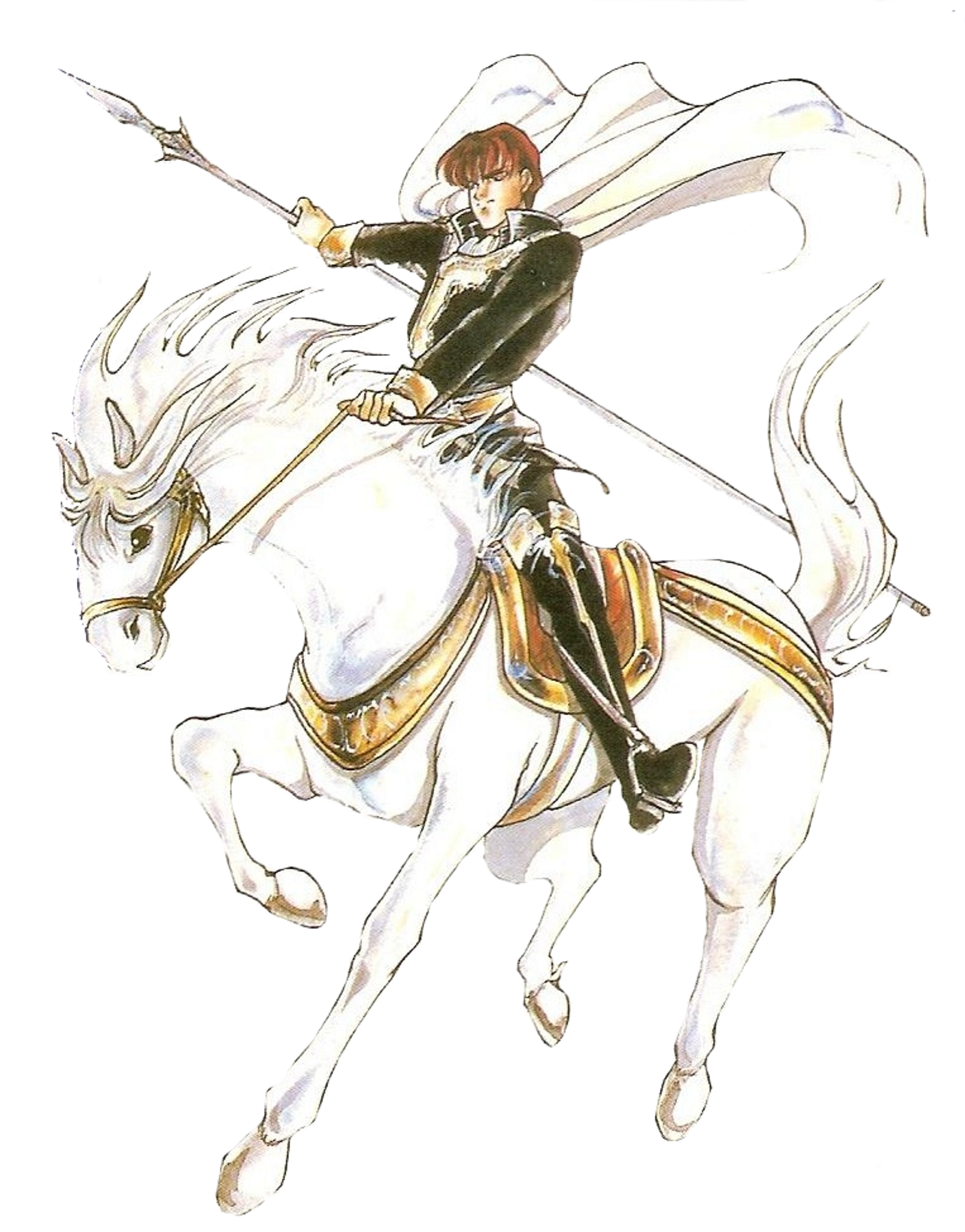A young knight in golden armor riding a white horse and wielding a spear