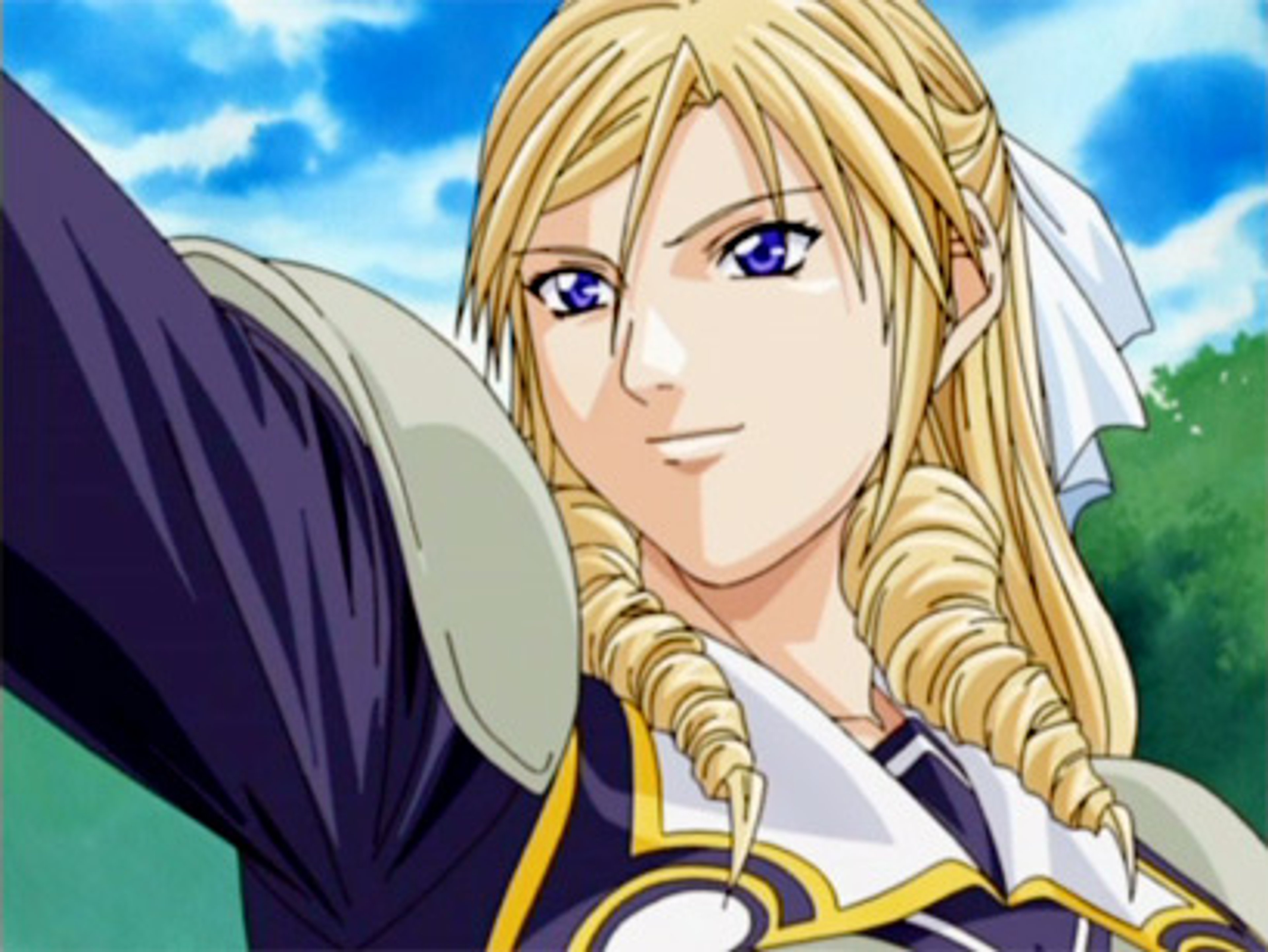 A blonde anime-style woman in a dark purple outfit with gold accents