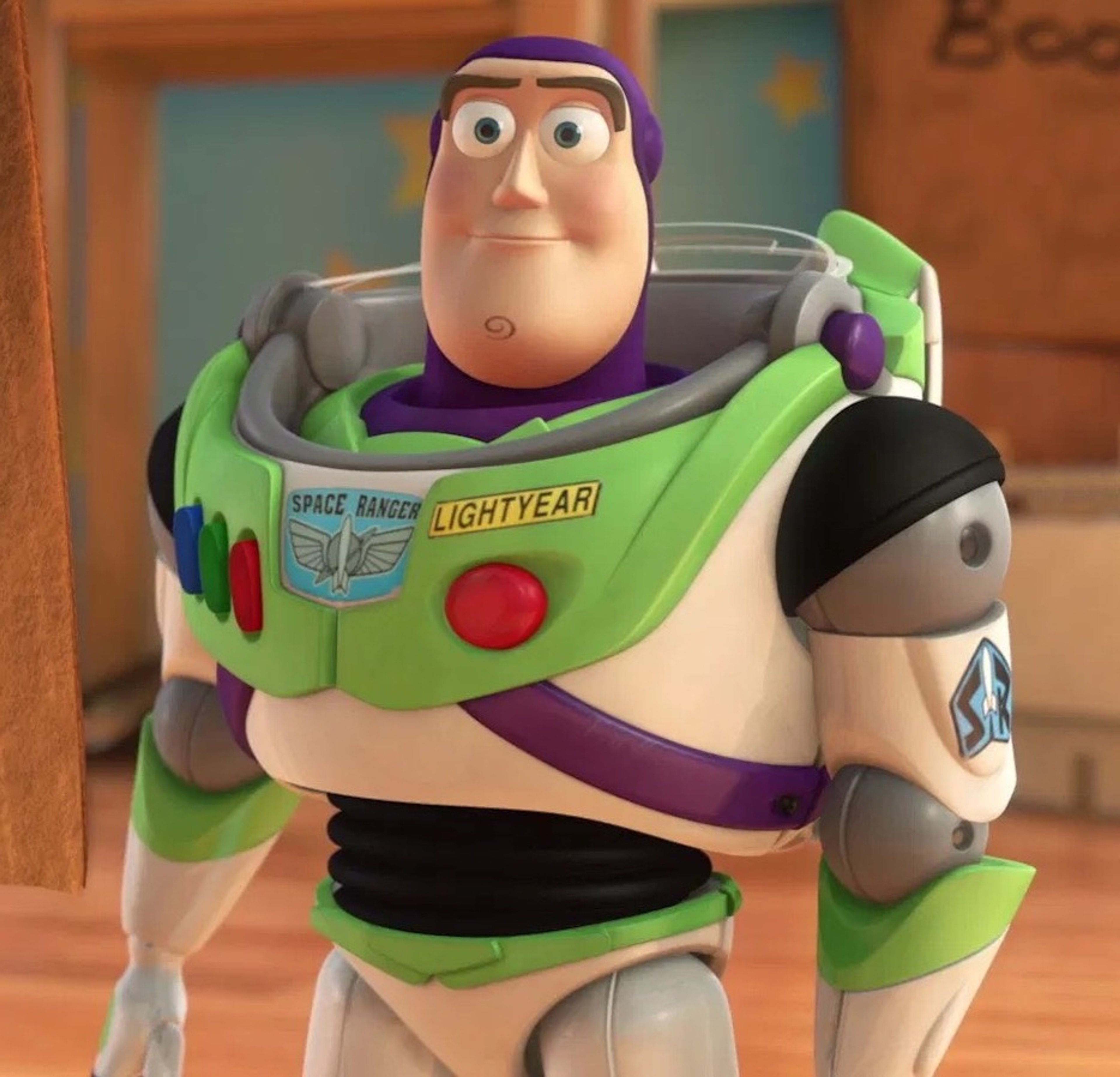 Buzz Lightyear, a heroic space ranger action figure from Toy Story