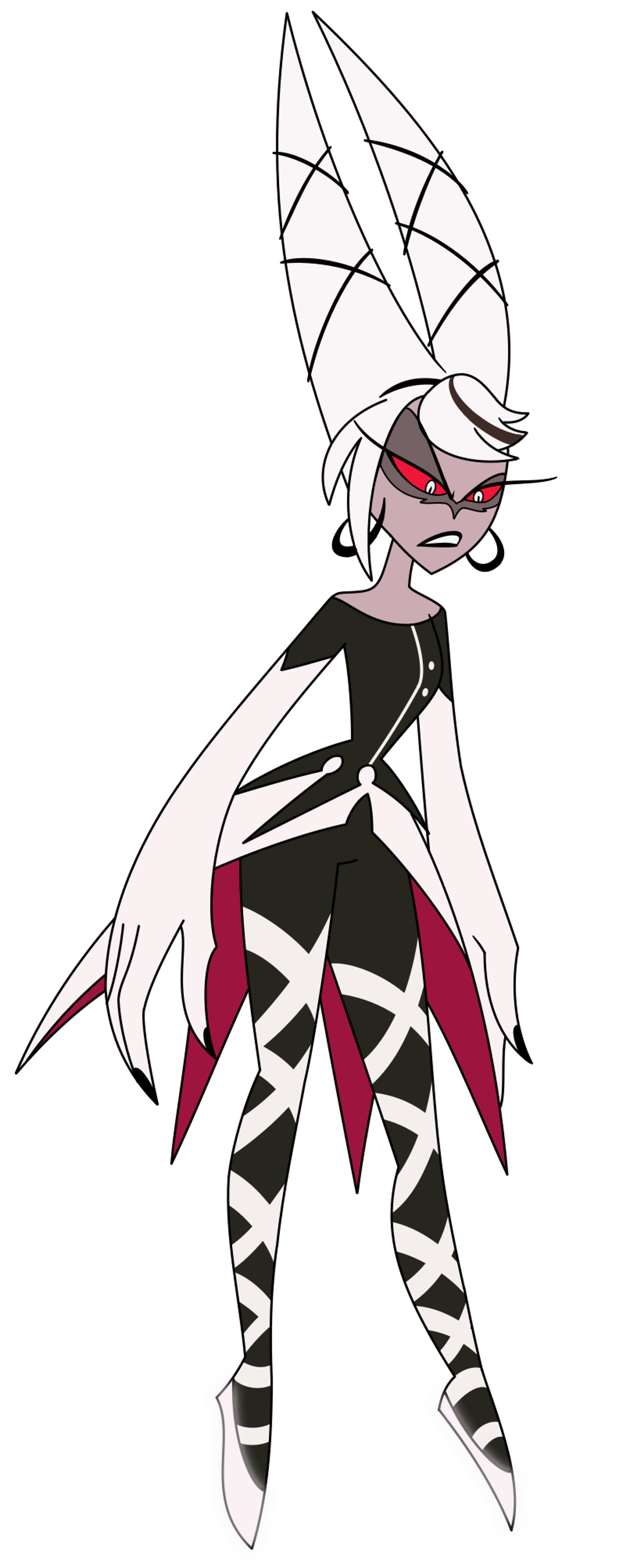 A powerful demoness in a ballerina-inspired outfit, with white hair, grey-magenta skin, and a mask-like marking around her eyes.