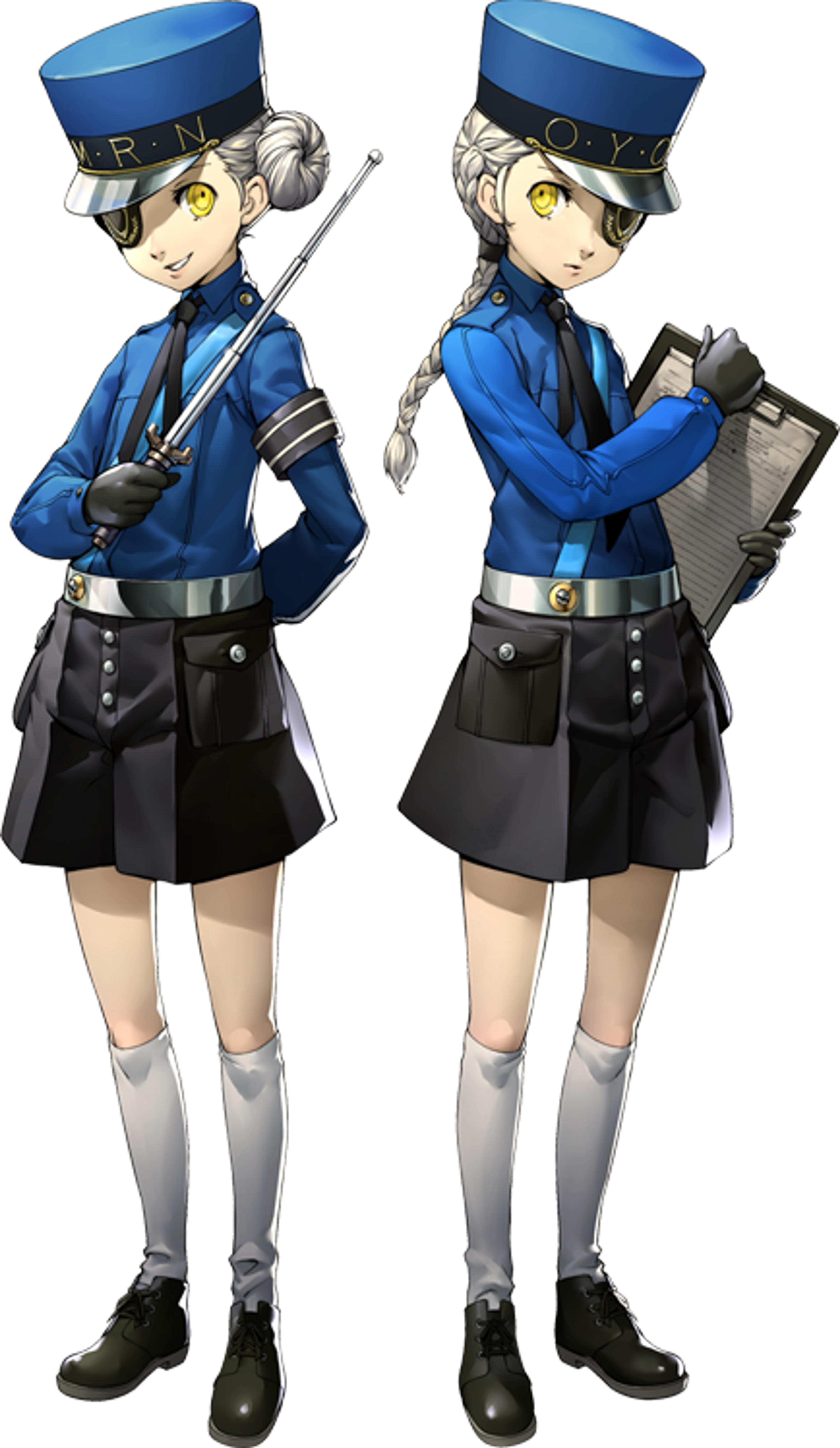 Two young female characters in police-like uniforms