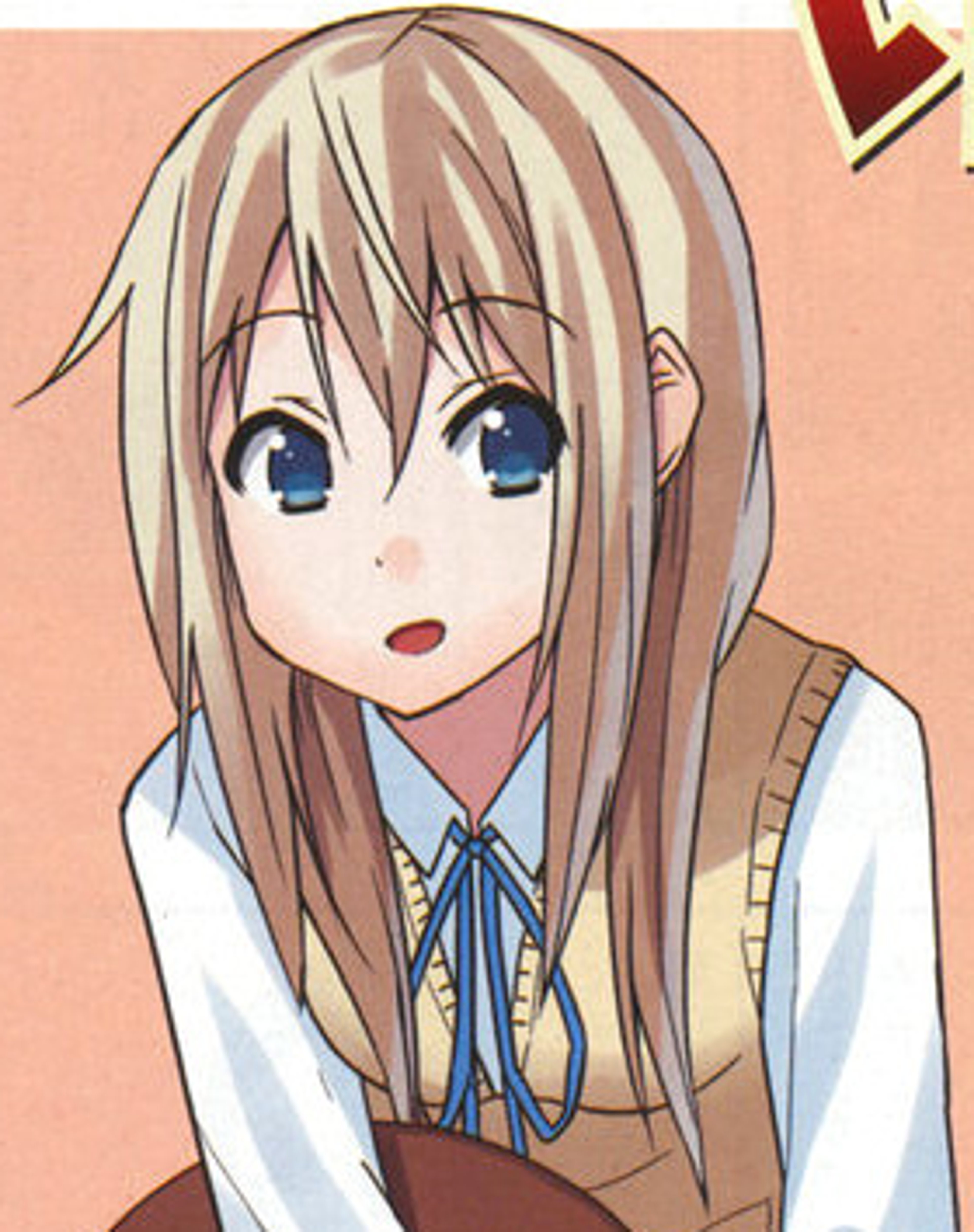 An anime-style character with blonde hair and blue eyes wearing a school uniform