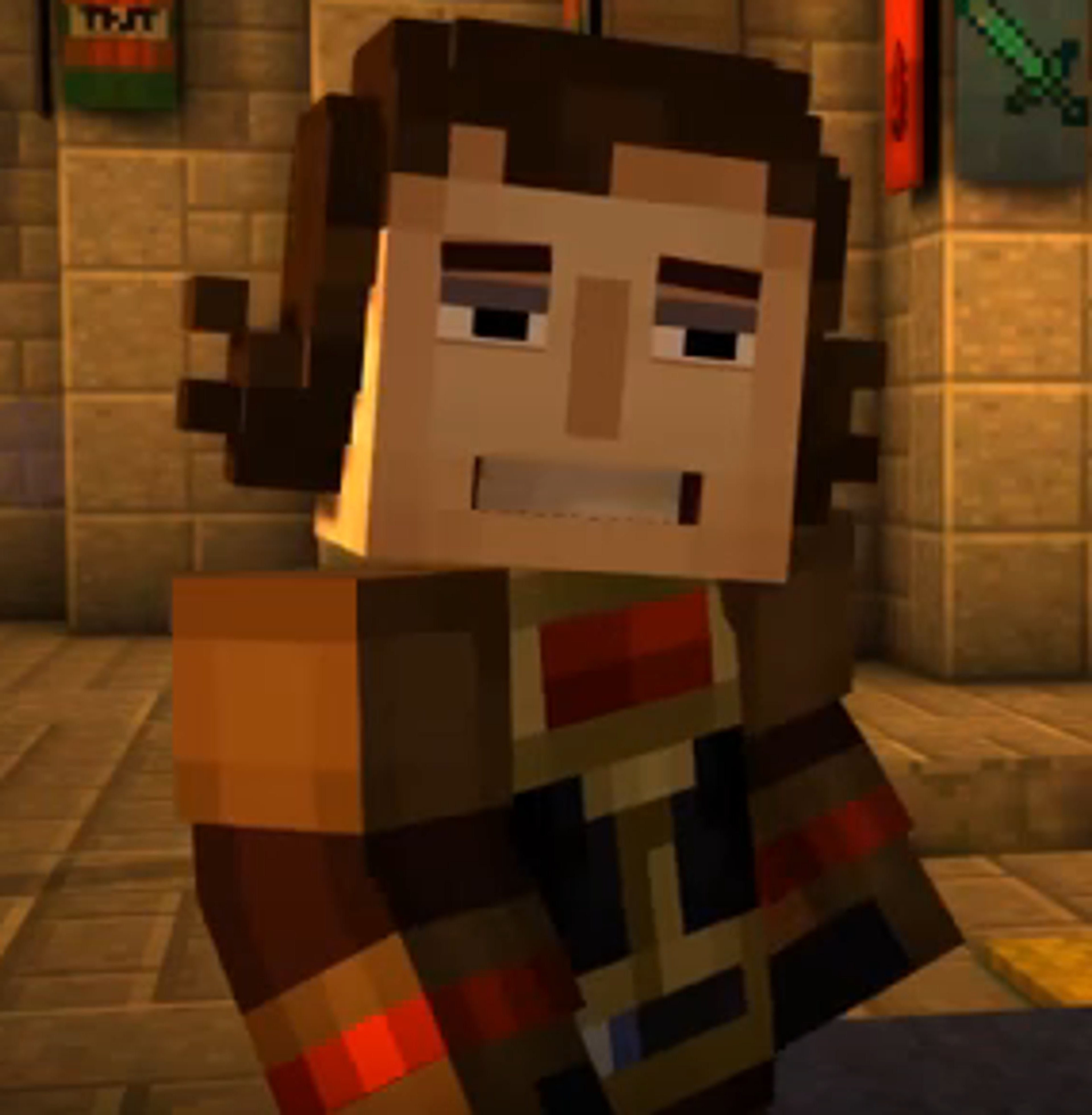 A male Minecraft-style character with short brown hair, wearing a red shirt and brown pants.