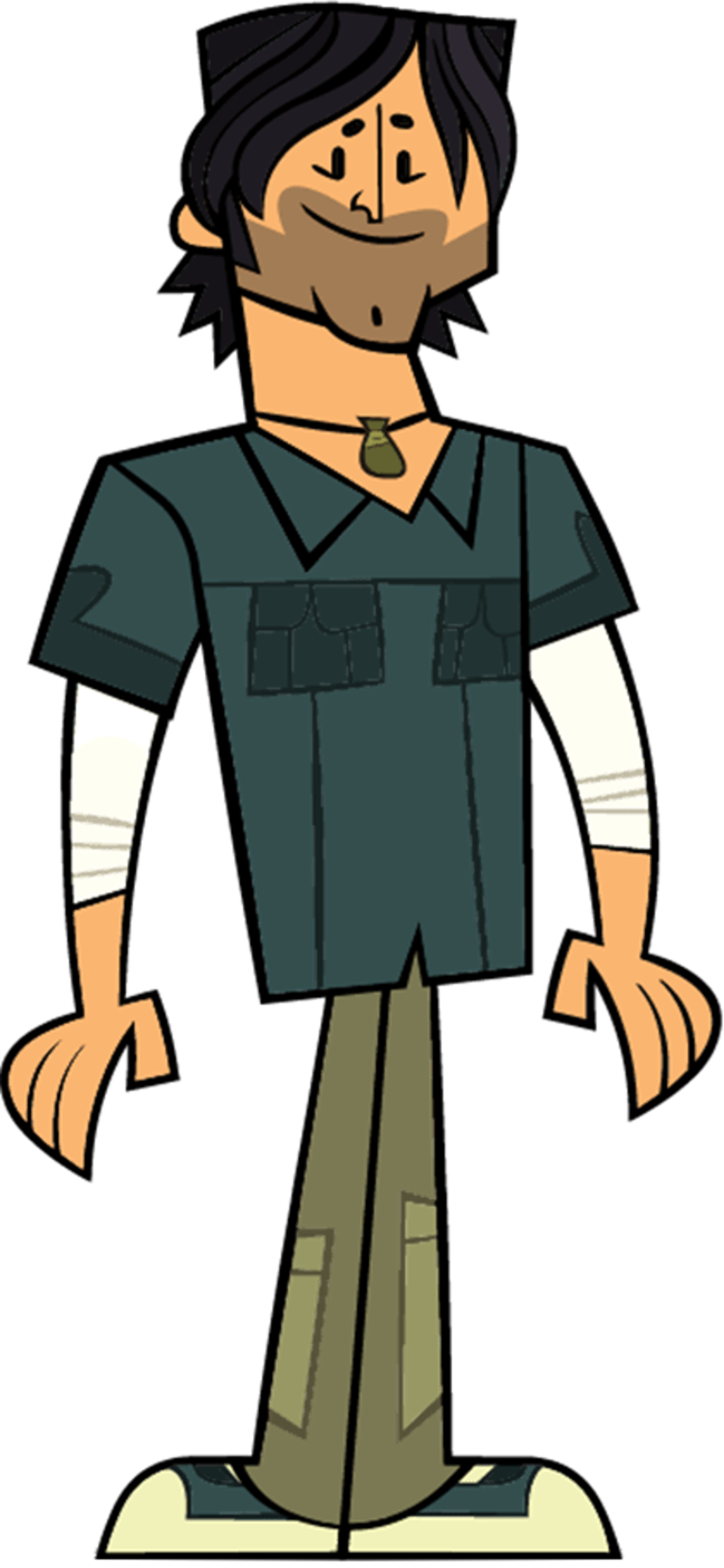 A cartoon character with short dark hair wearing a green shirt