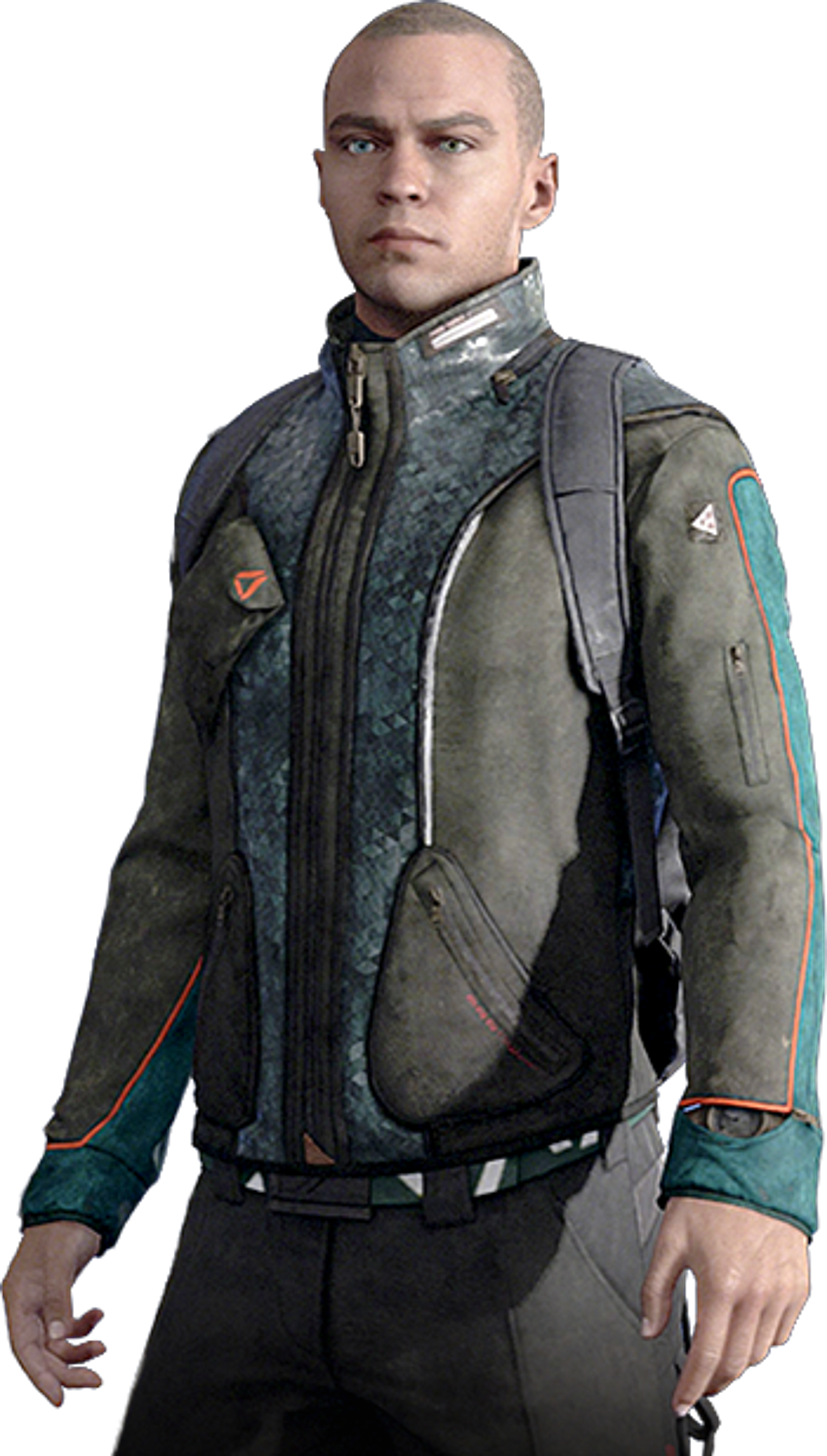 A male android character with heterochromatic eyes wearing a military-style jacket