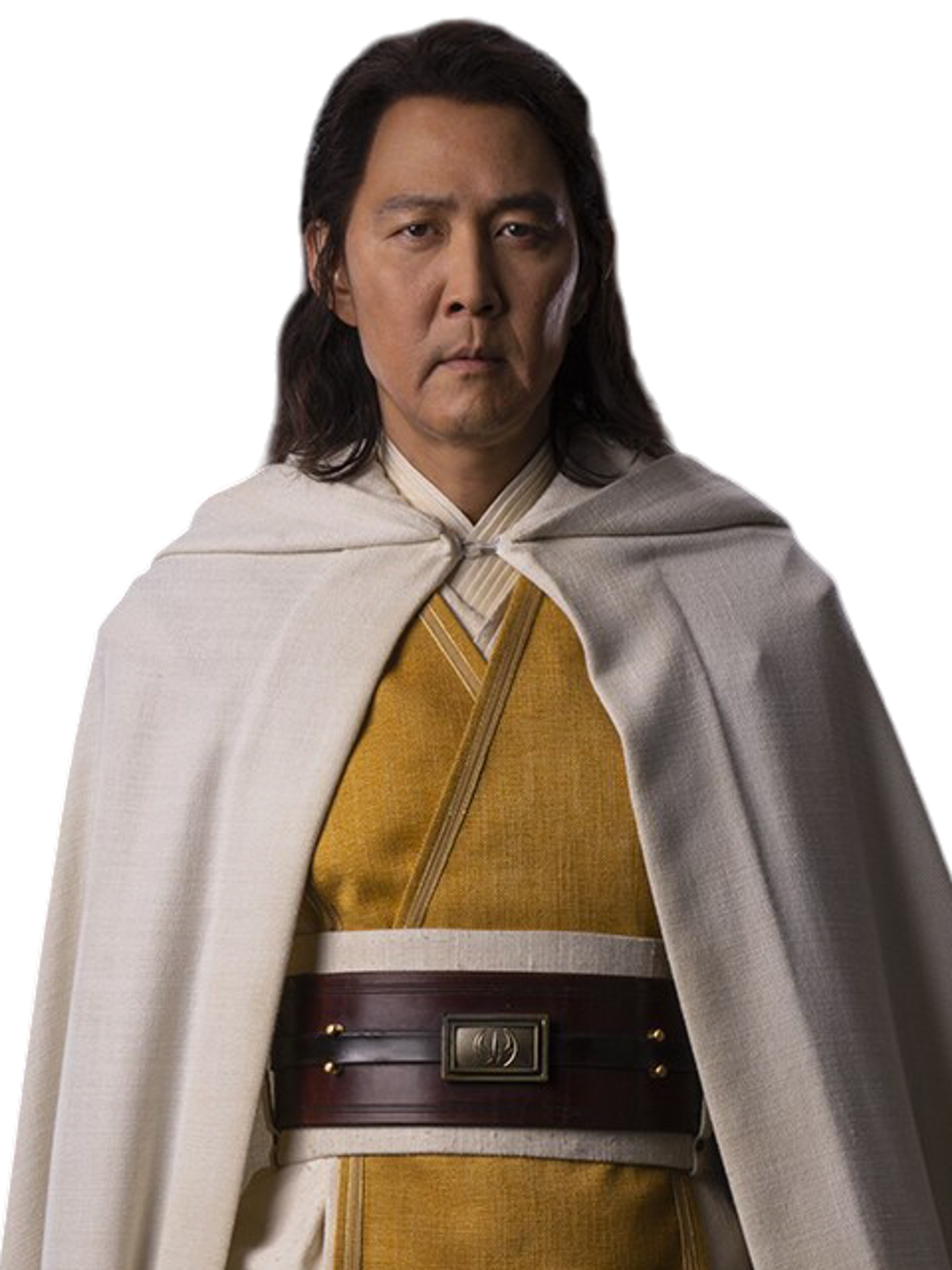 A middle-aged Asian man in a light-colored robe with a serious expression