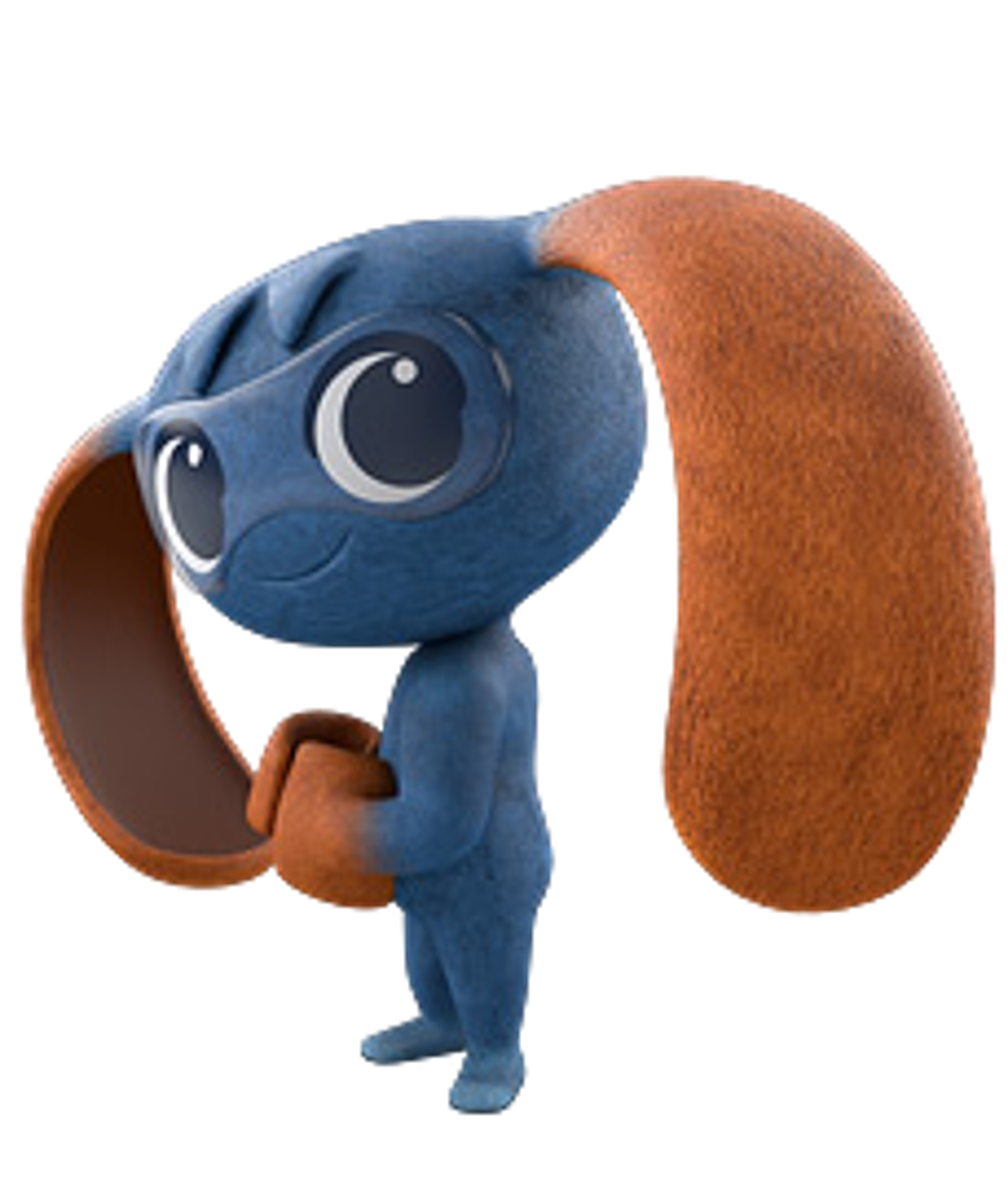 A small, blue humanoid creature with large orange ears and clear goggles