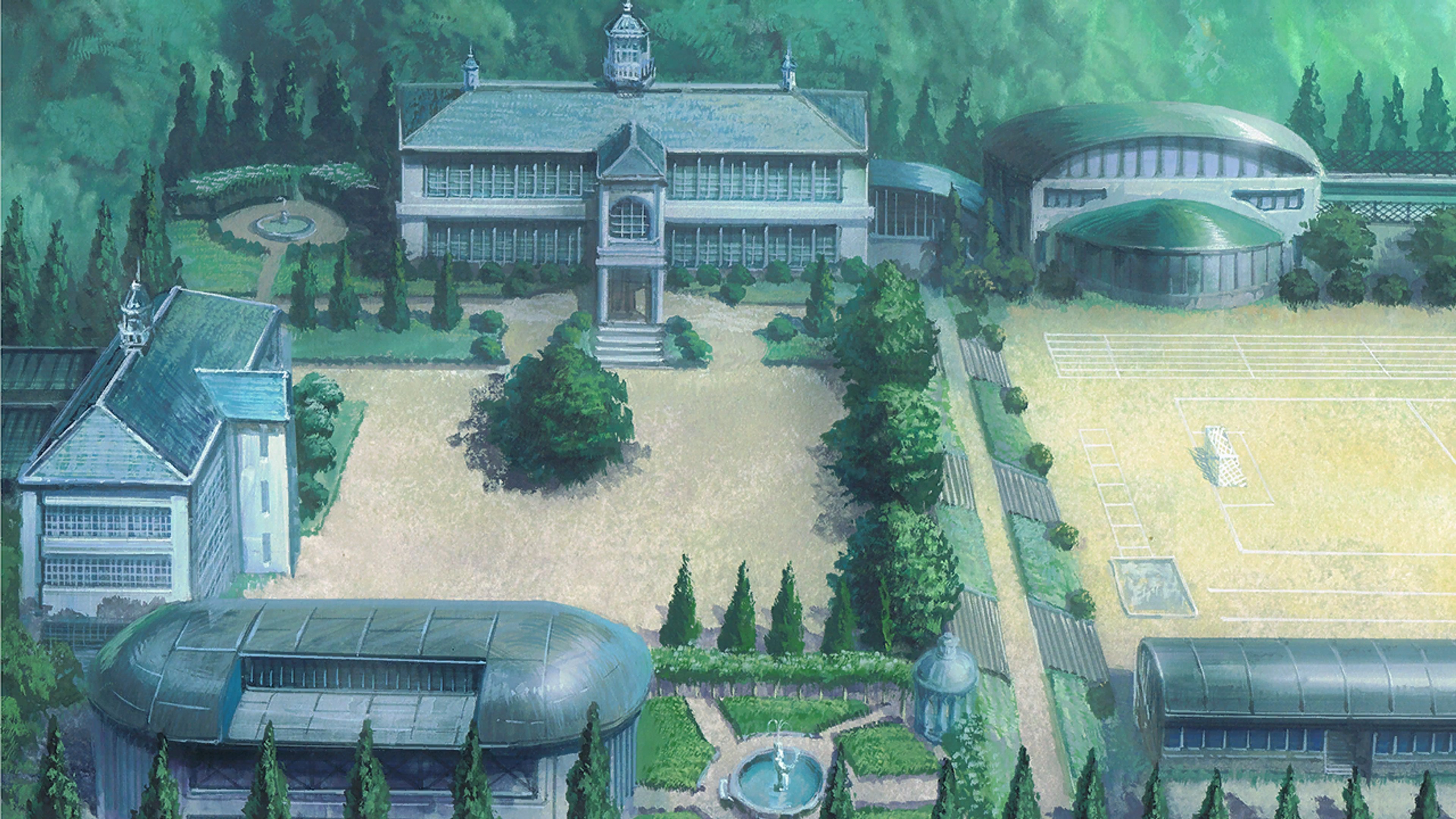 An illustration of a young woman in traditional Japanese attire, with black hair and red tips, standing in a courtyard.