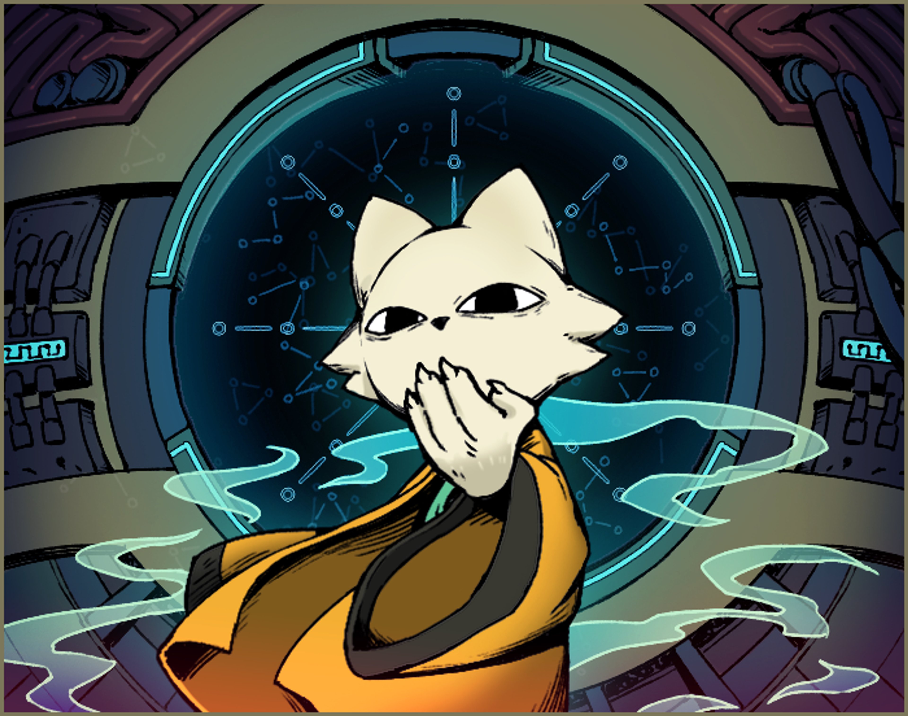 A mysterious, hooded figure holding a glowing artifact in a futuristic, technological setting.