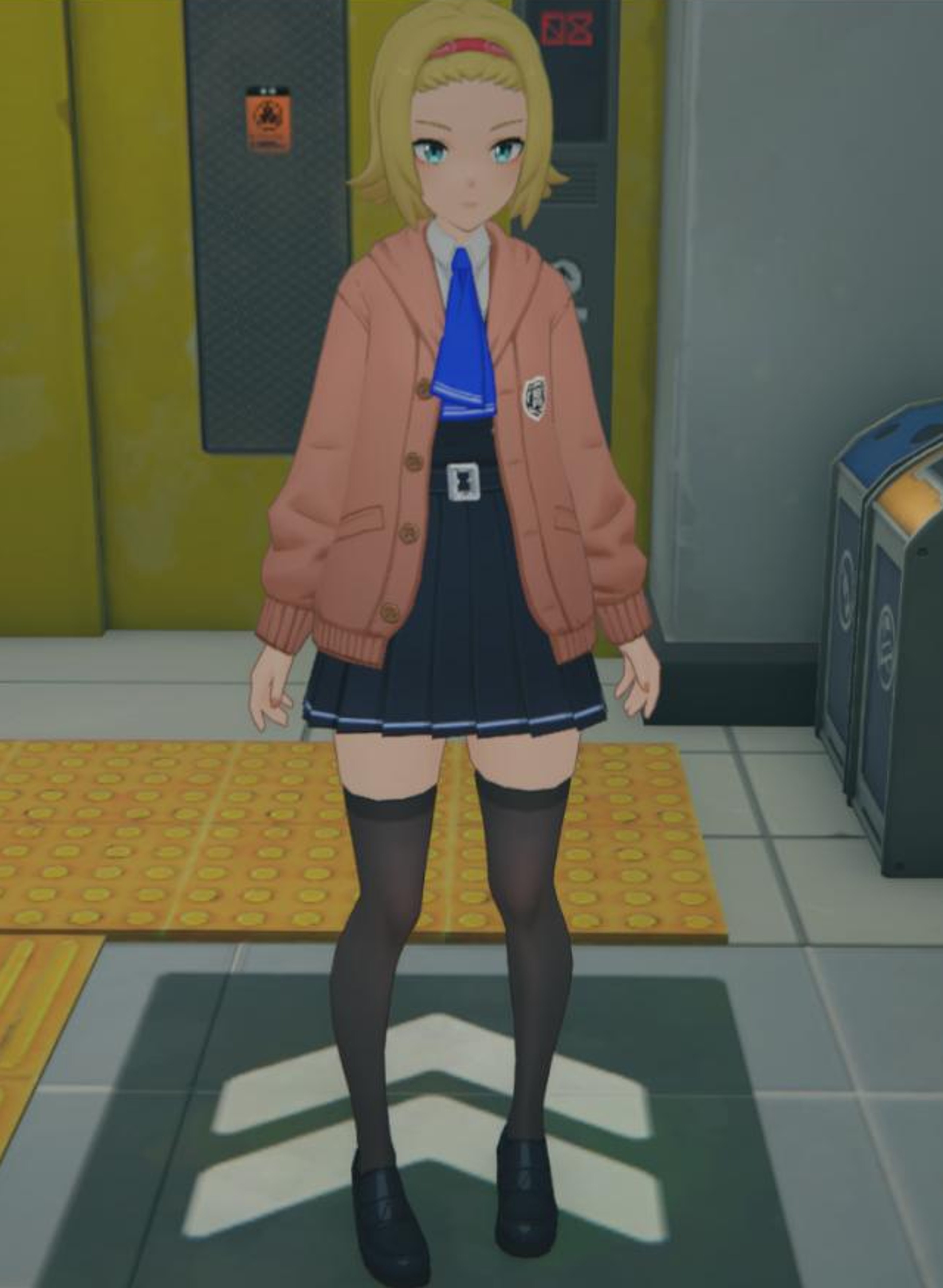 A young, friendly-looking anime-style woman in a pink jacket and blue skirt, standing in what appears to be a metro station.