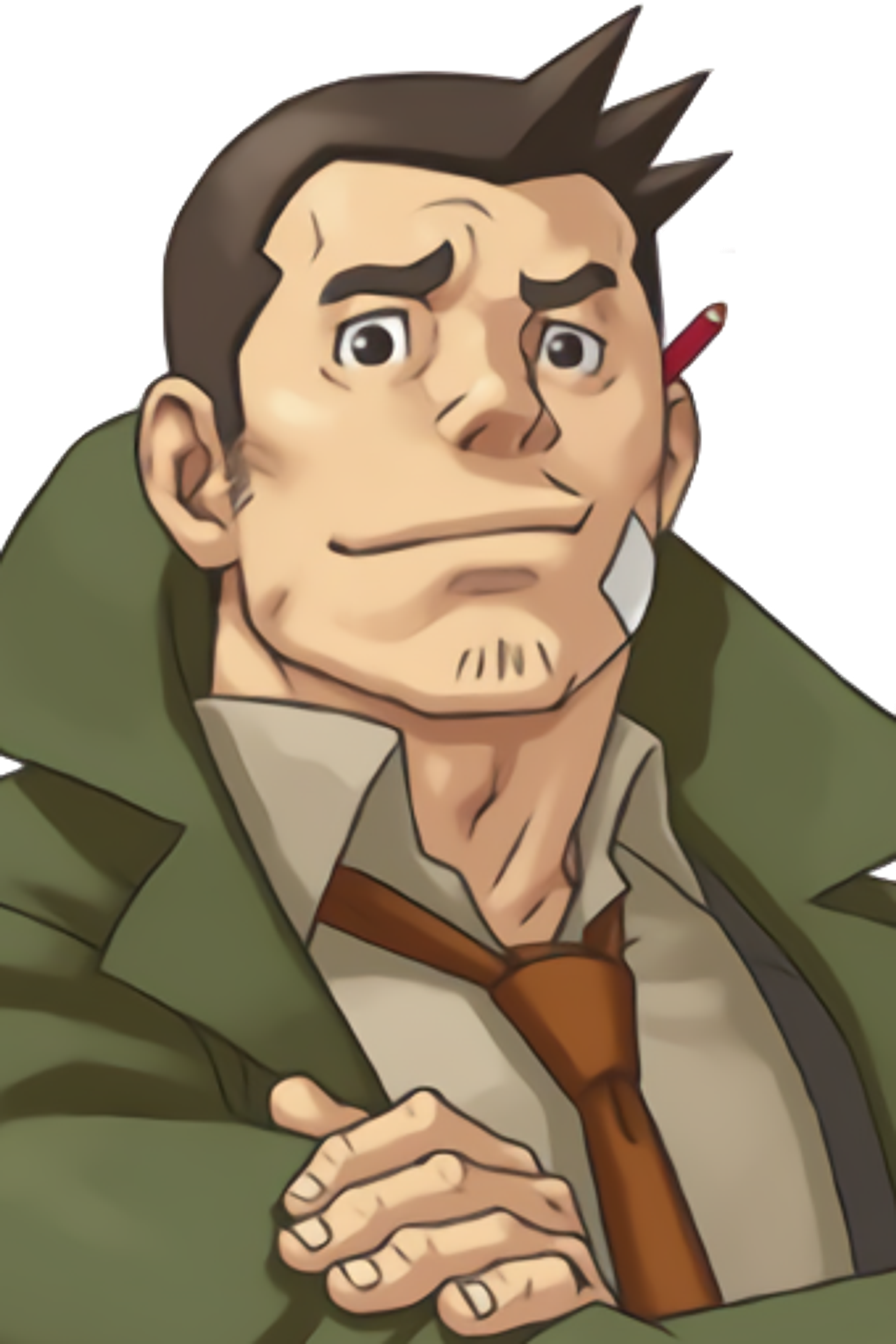 An animated male character with a scruffy appearance, wearing a green trenchcoat and tie, with a stern expression on his face.