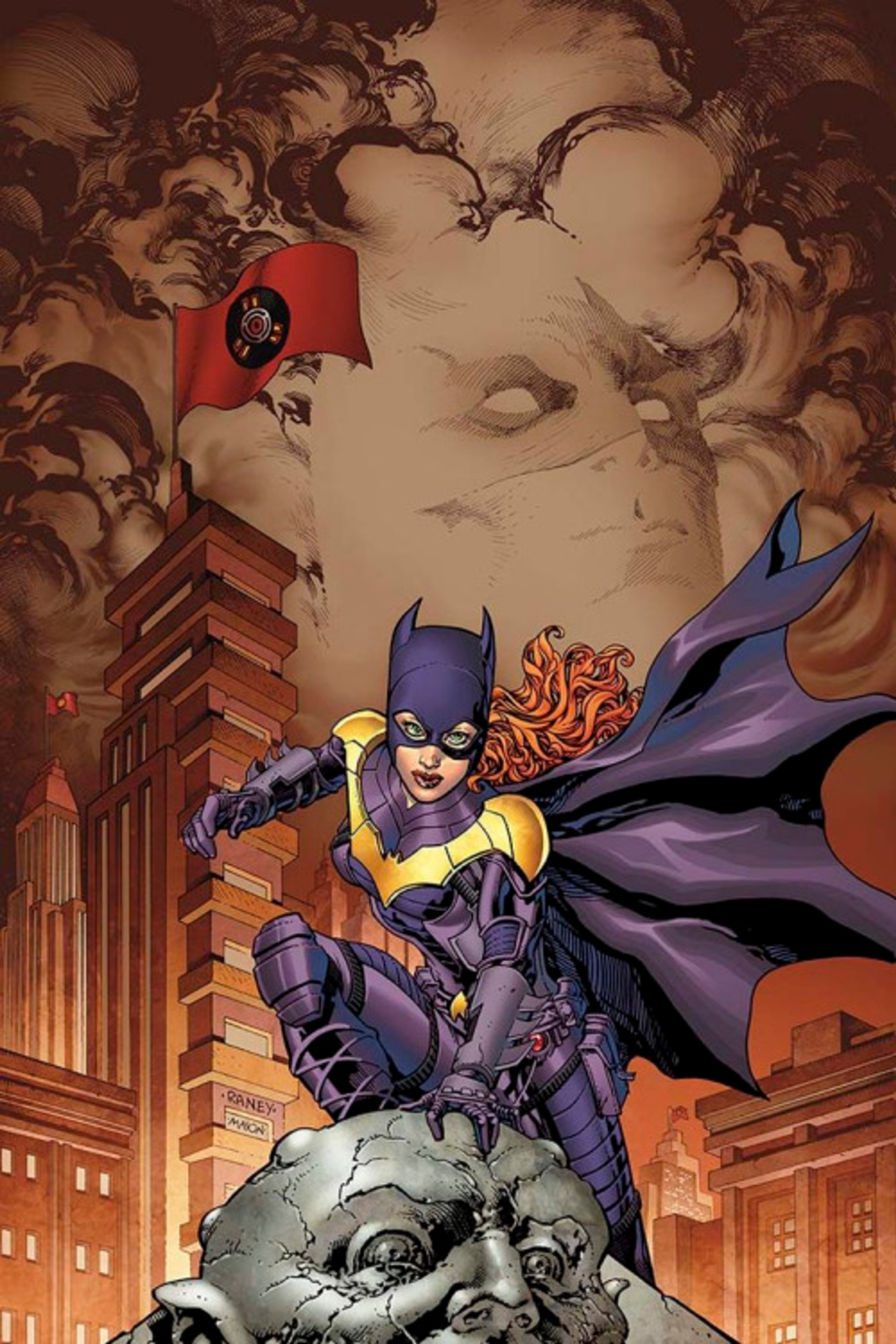 Batgirl, a female superhero in a purple and black costume, standing on a pile of rubble in a city.