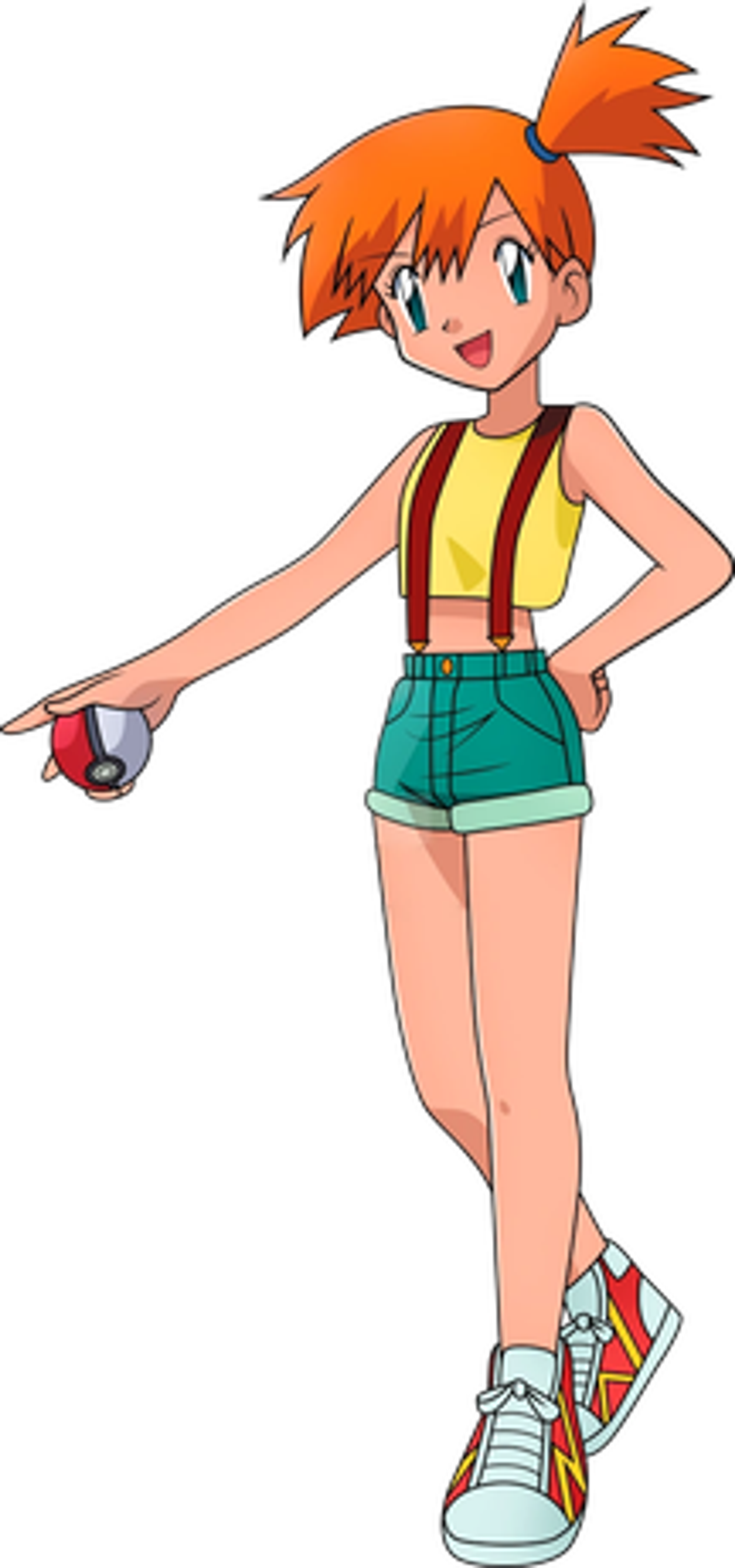 An animated female character with orange hair in a ponytail, wearing a yellow top and green shorts.