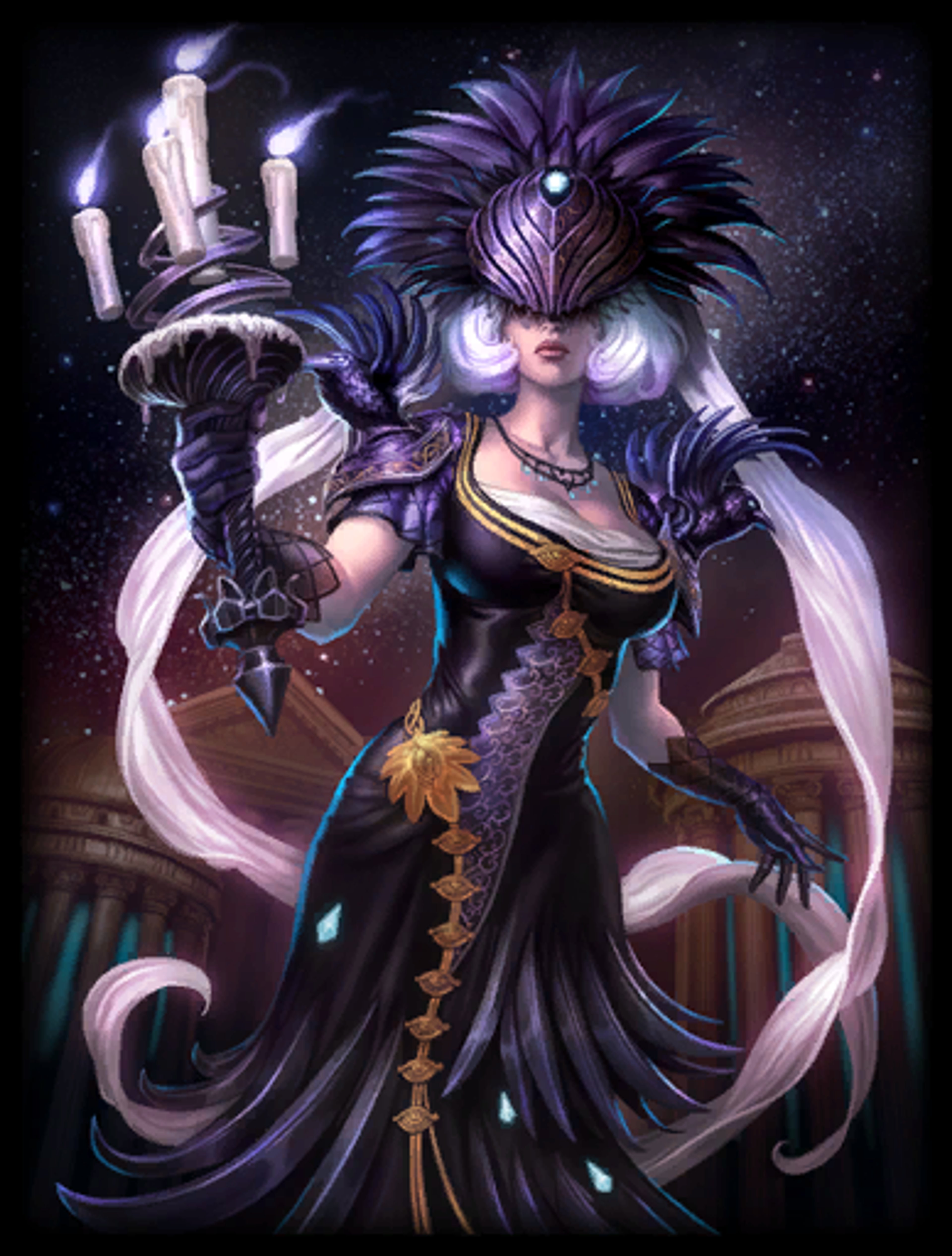 A detailed fantasy illustration of a female goddess-like character with purple and white hair, an ornate dress, and a staff or scepter.