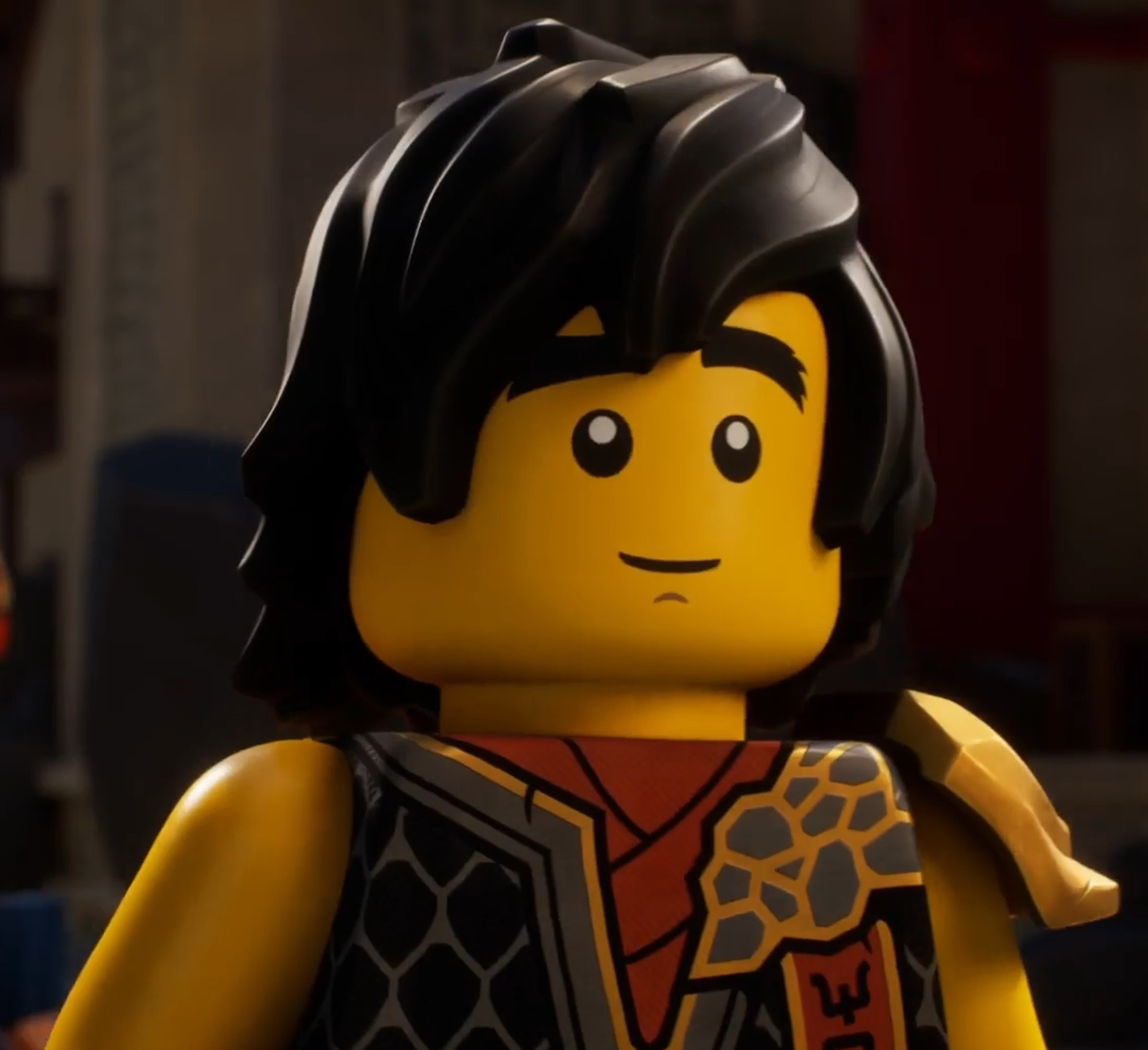 A LEGO minifigure character with black hair, thick eyebrows, and a sturdy build wearing a black ninja gi with earth-themed details.