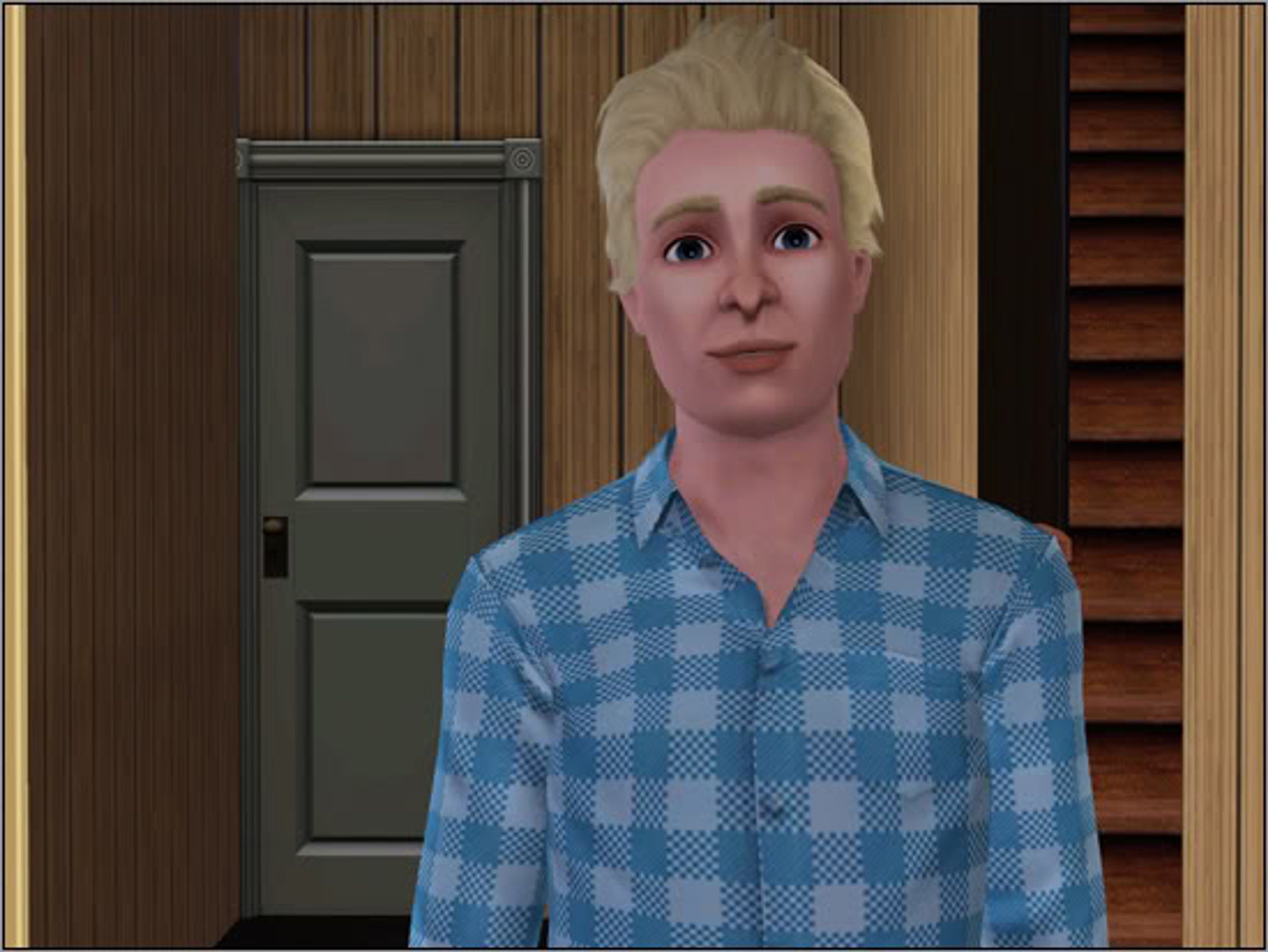 A young man with blonde hair and blue eyes wearing a blue and white checkered shirt