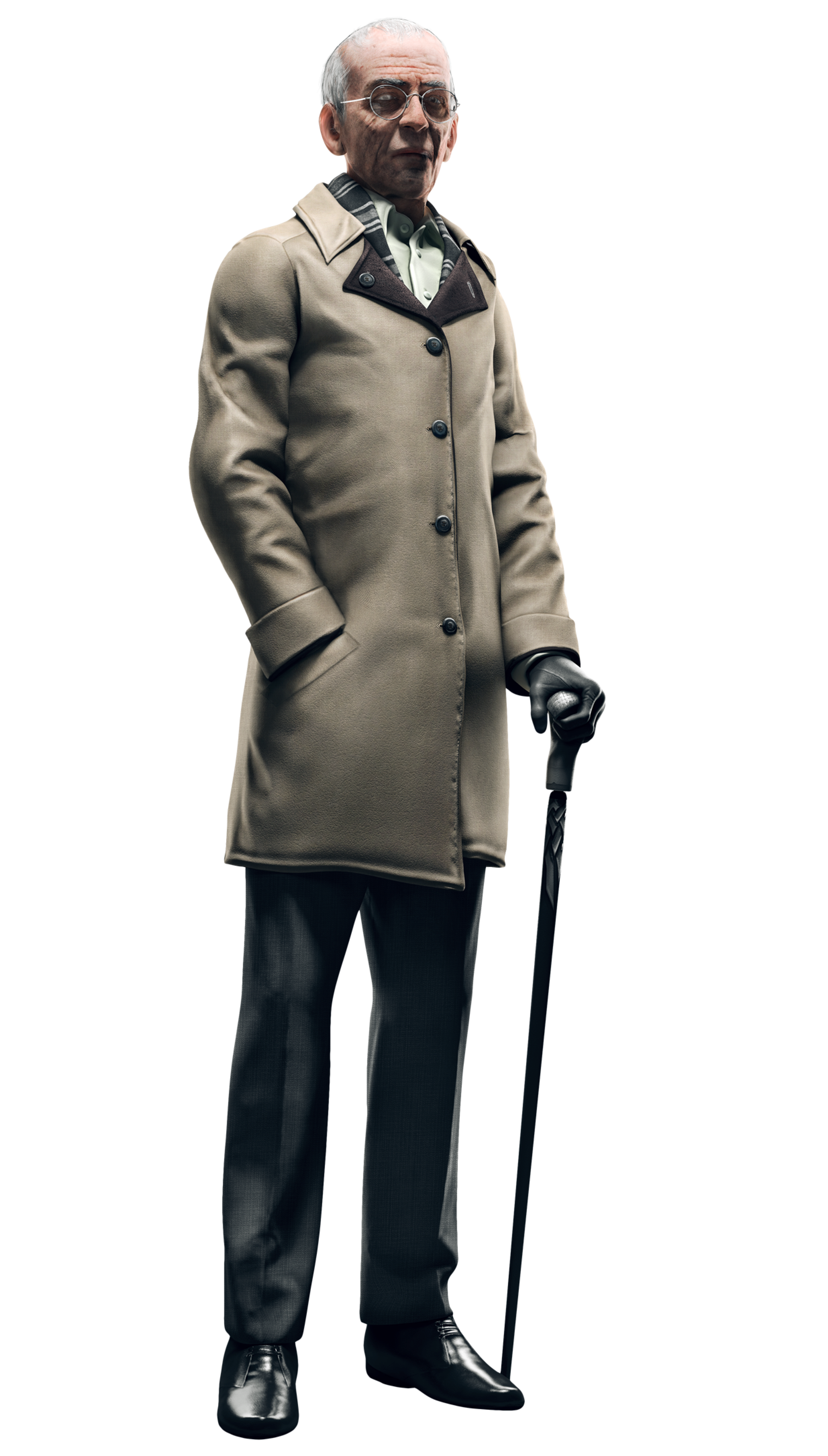 An older, bald Caucasian man in a tan overcoat and suit