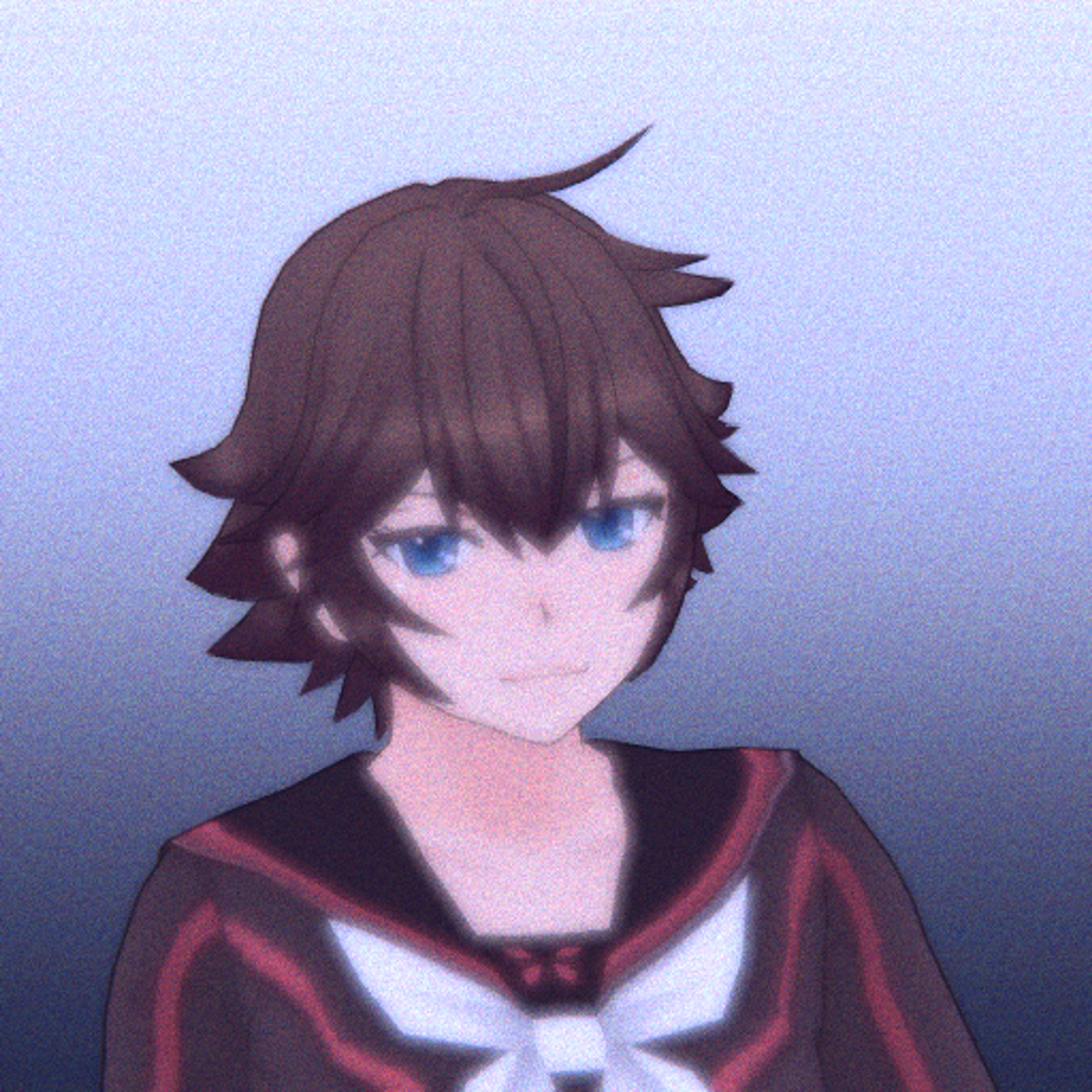 An anime-style character with spiky brown hair and blue eyes, wearing a school uniform with bandages on their hands.