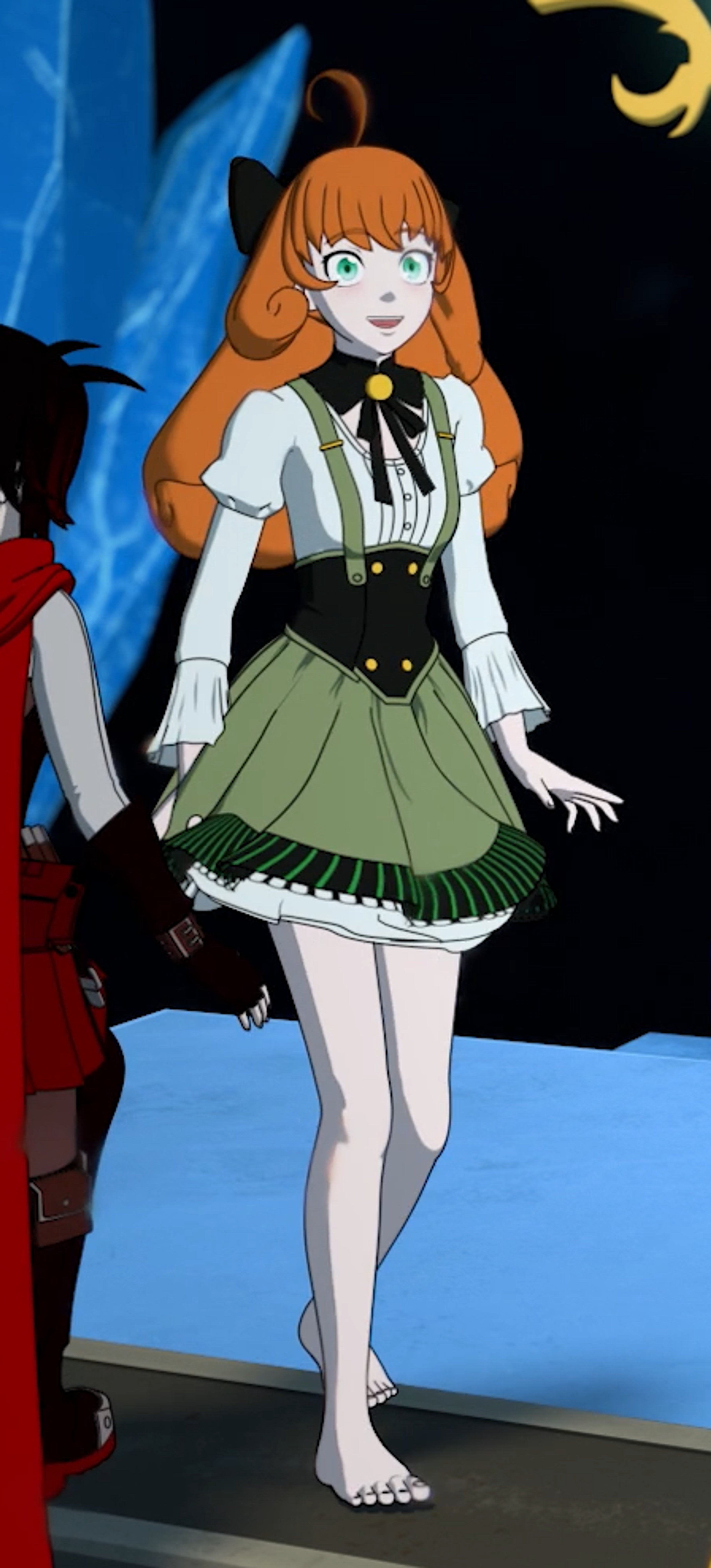 An anime-style character with orange hair in pigtails, wearing a white blouse, black bow tie, and green skirt.