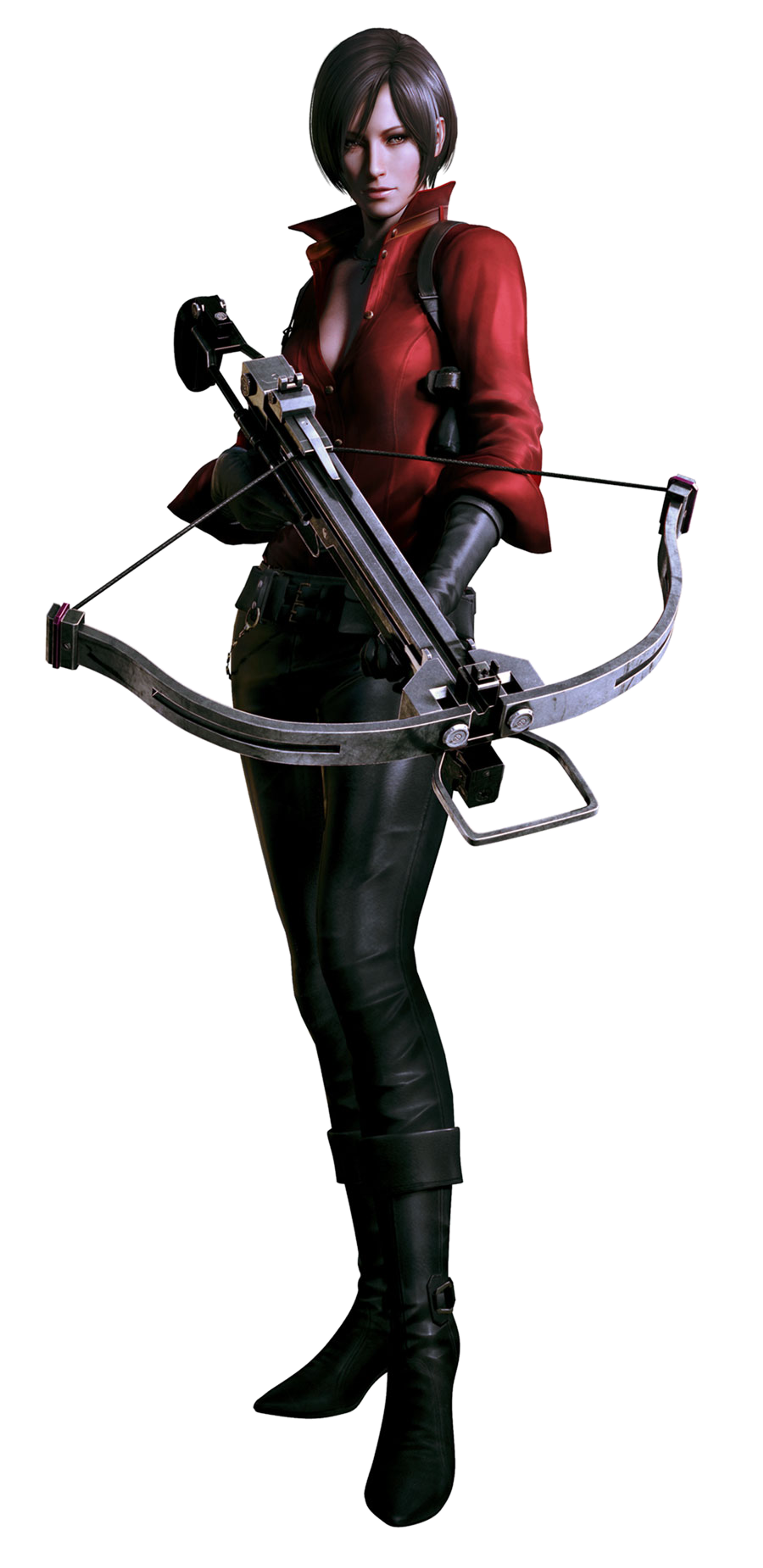 A woman in a red jacket holding a large crossbow-like weapon