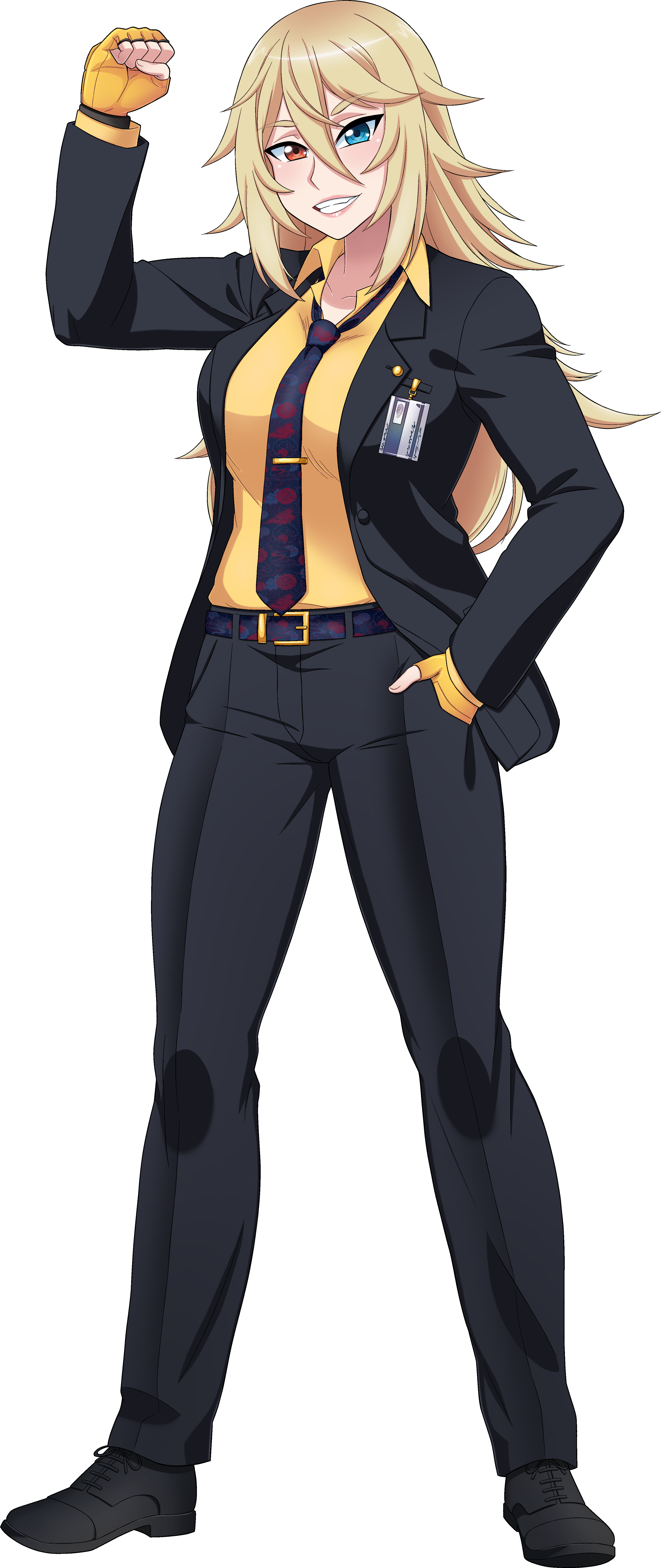 A tall, muscular woman in a security uniform with heterochromatic eyes