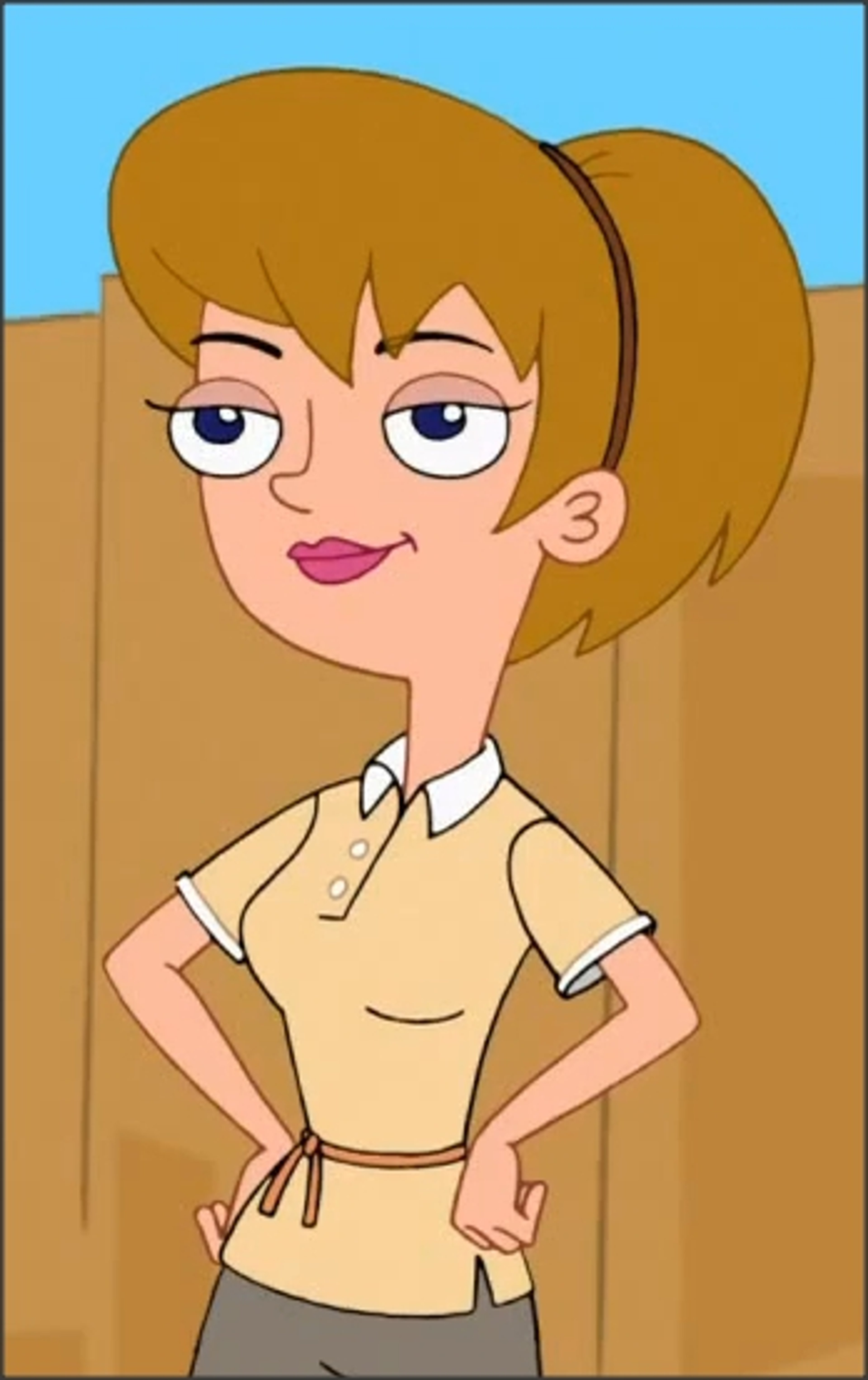 An animated female character with blonde hair in a ponytail, wearing a light-colored shirt.