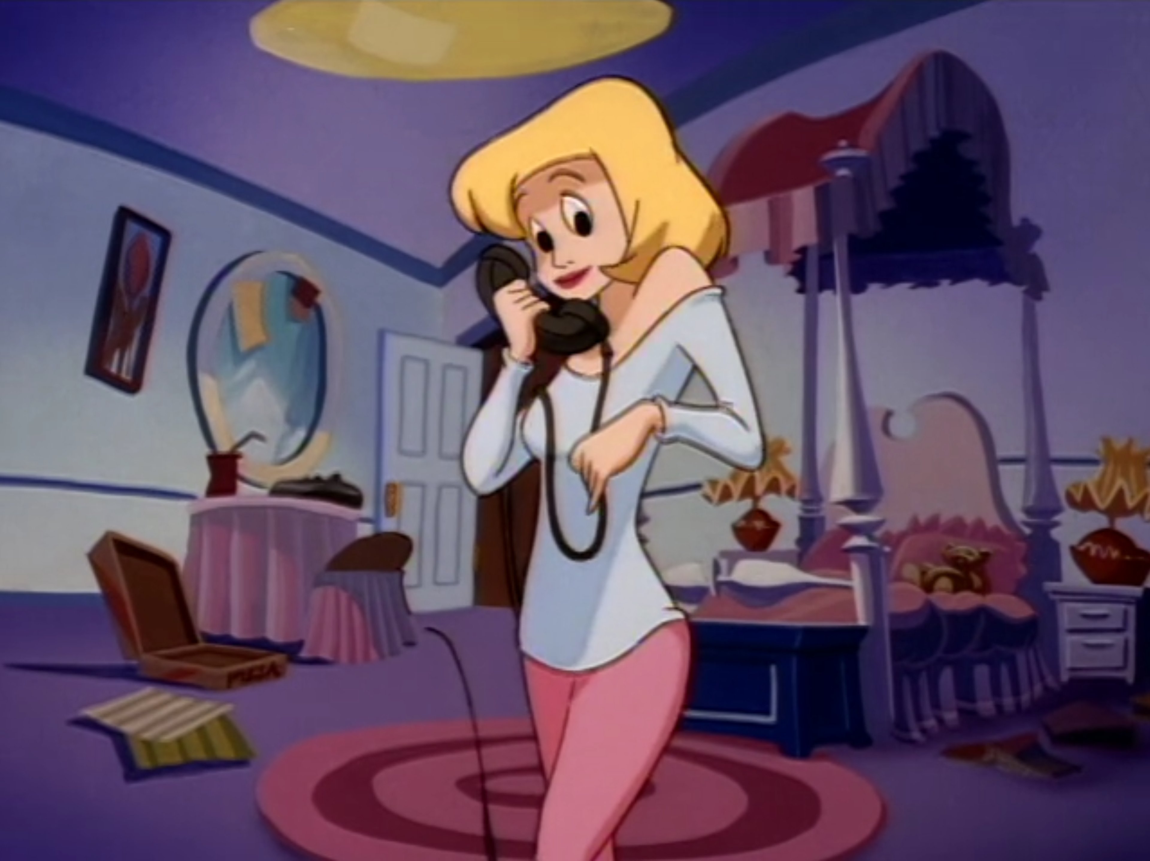 An animated female character with exaggerated features, wearing a light blue dress and having a wide, open-mouthed expression.