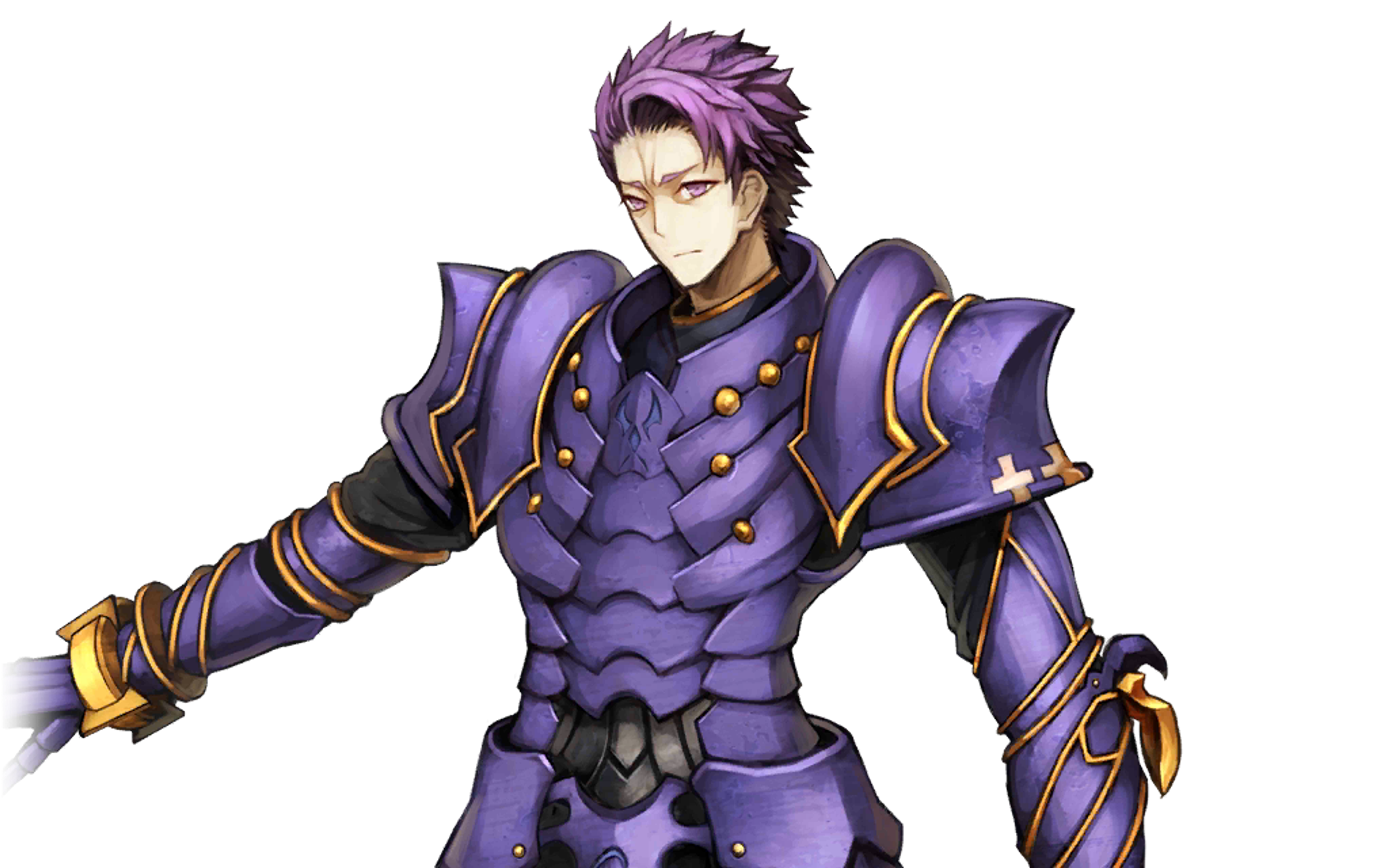 A male character in purple armor wielding a sword