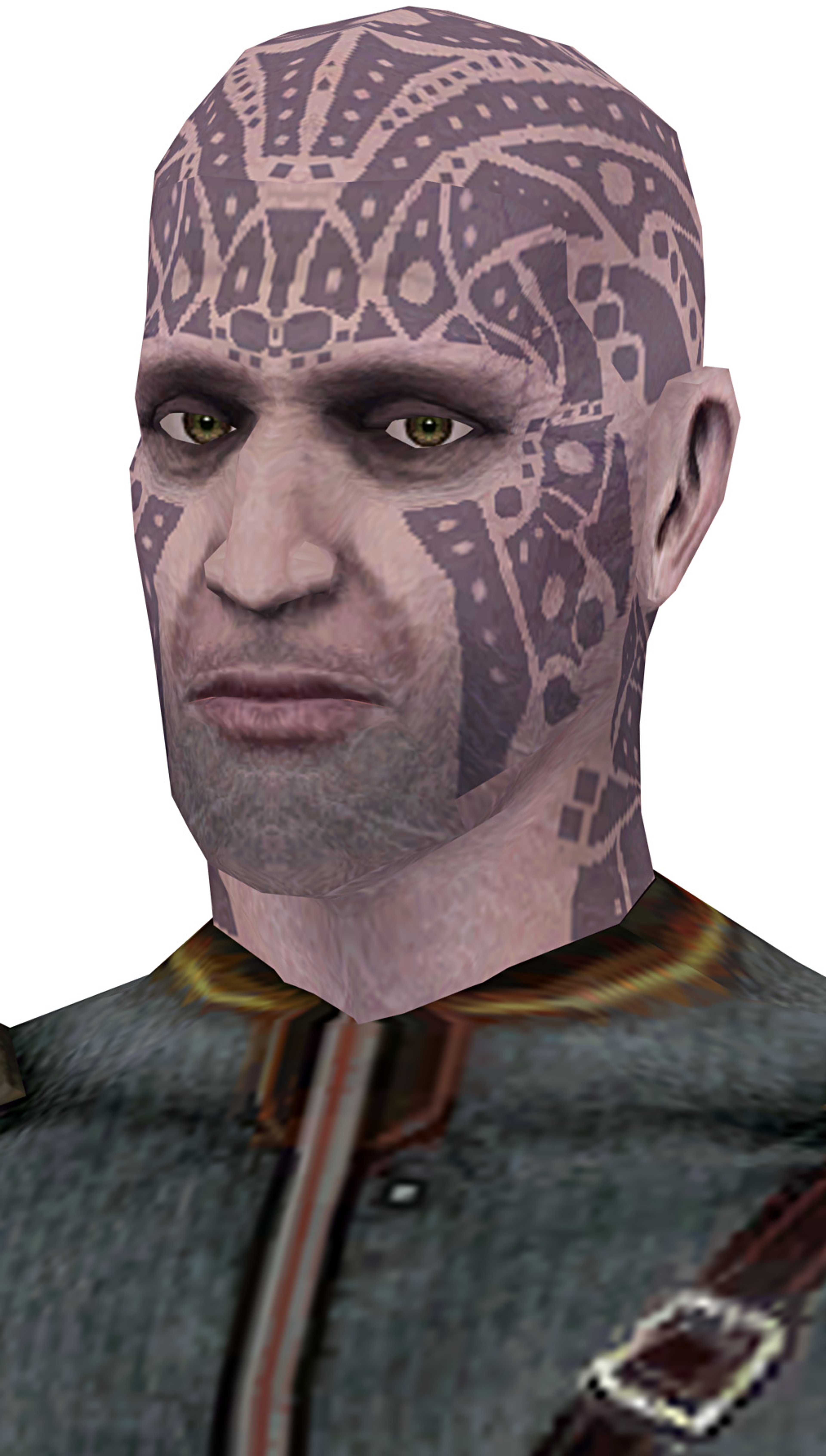 A bald, tattooed humanoid male with yellow eyes and a stern expression