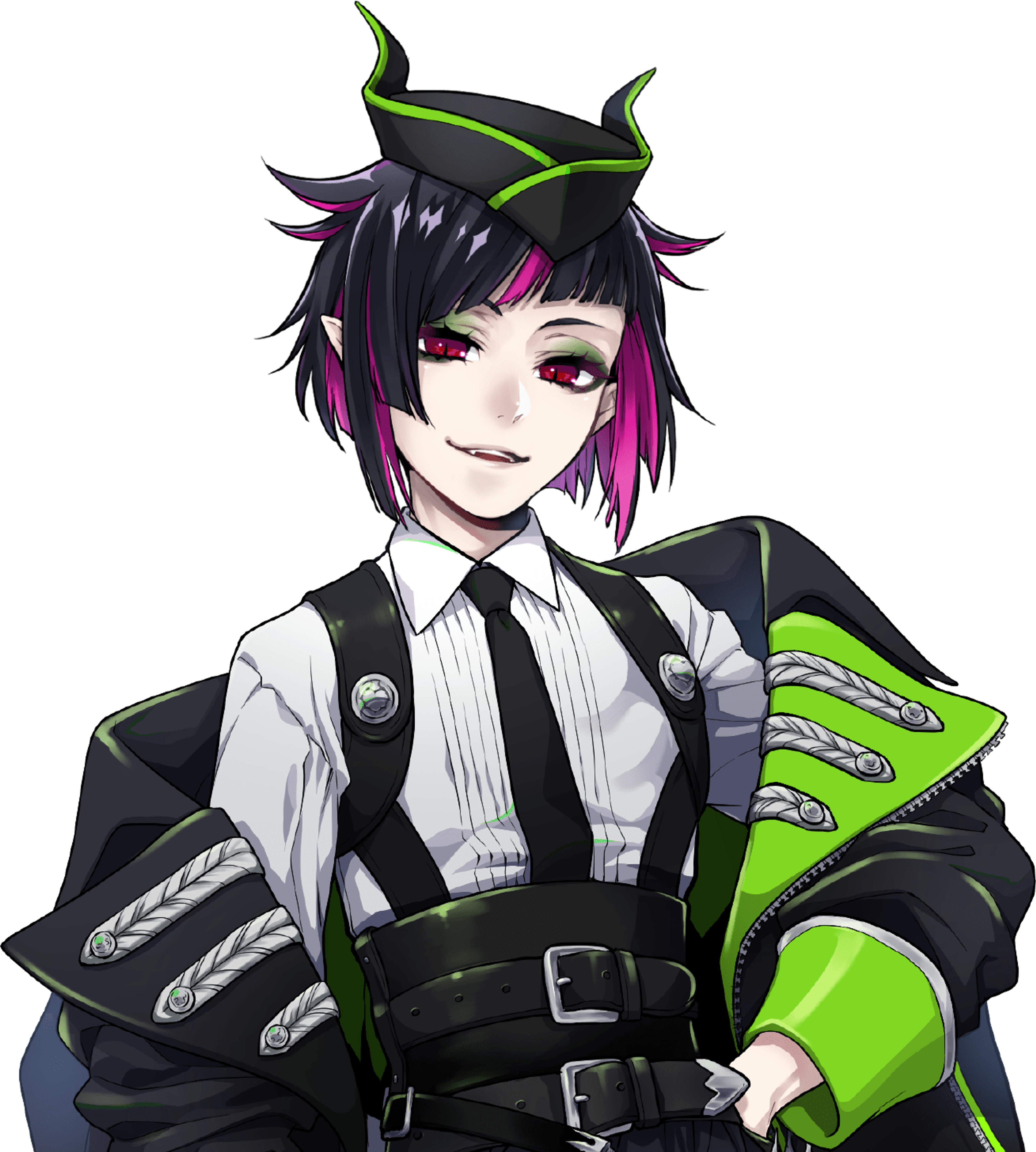 A young-looking man with black hair, magenta highlights, and pointed ears wearing a black and green uniform.