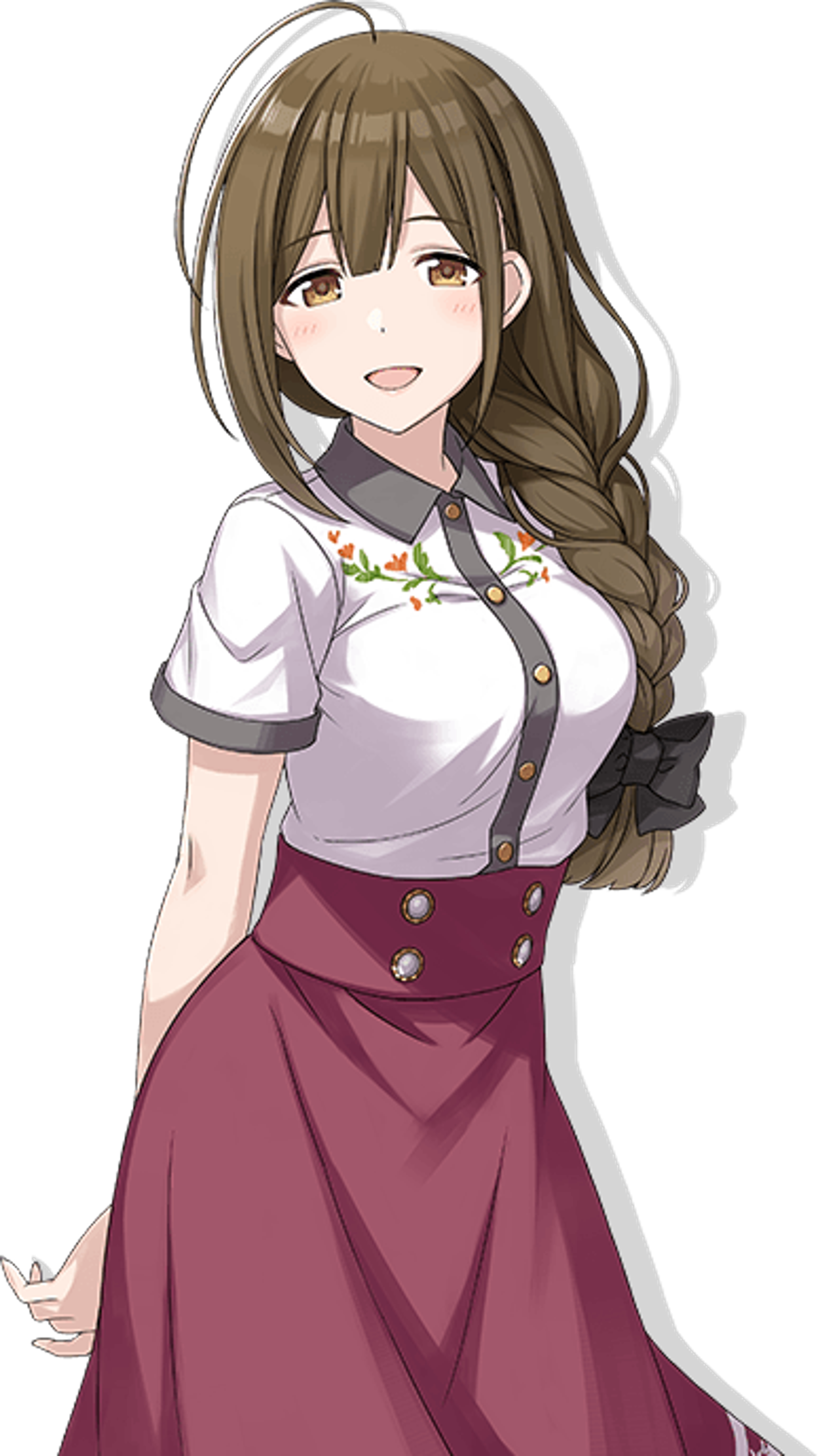 A young woman with long, dark brown hair styled in braids, wearing a white blouse and burgundy skirt, with a warm, friendly expression.