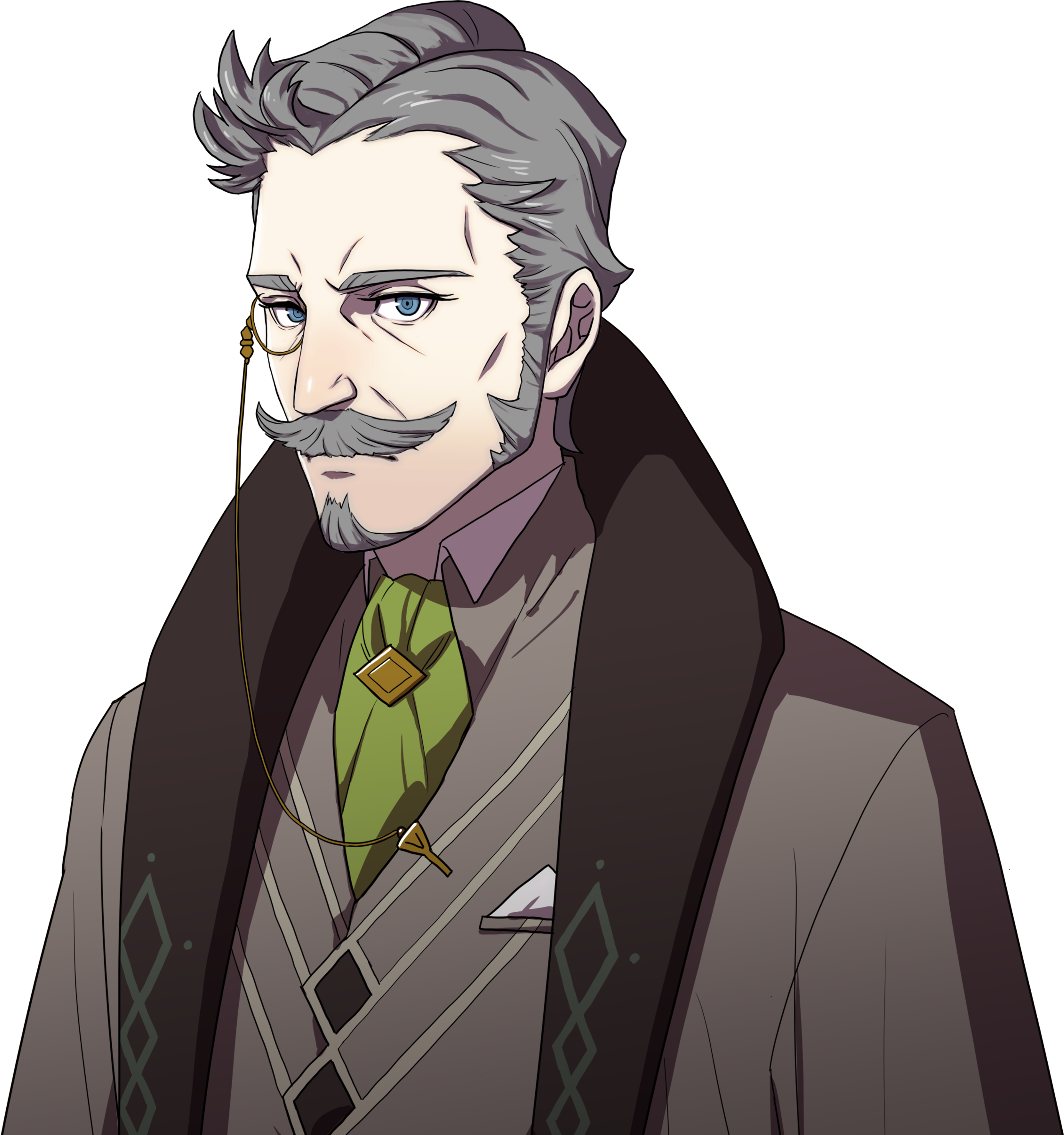 A middle-aged man with gray hair and a mustache, wearing a dark coat and a green cravat.