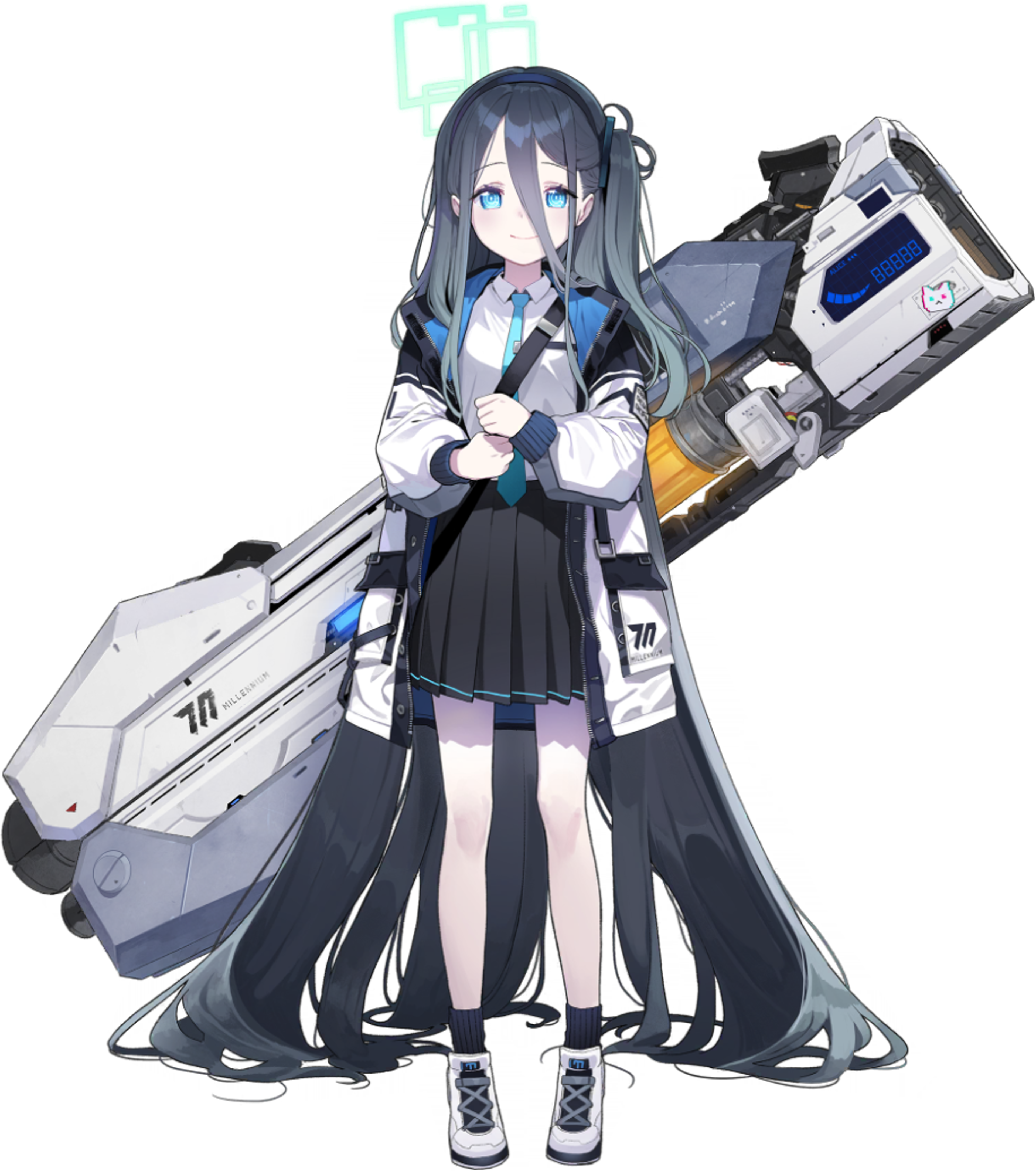 A robotic female student with blue hair wearing a black school uniform and mechanical backpack