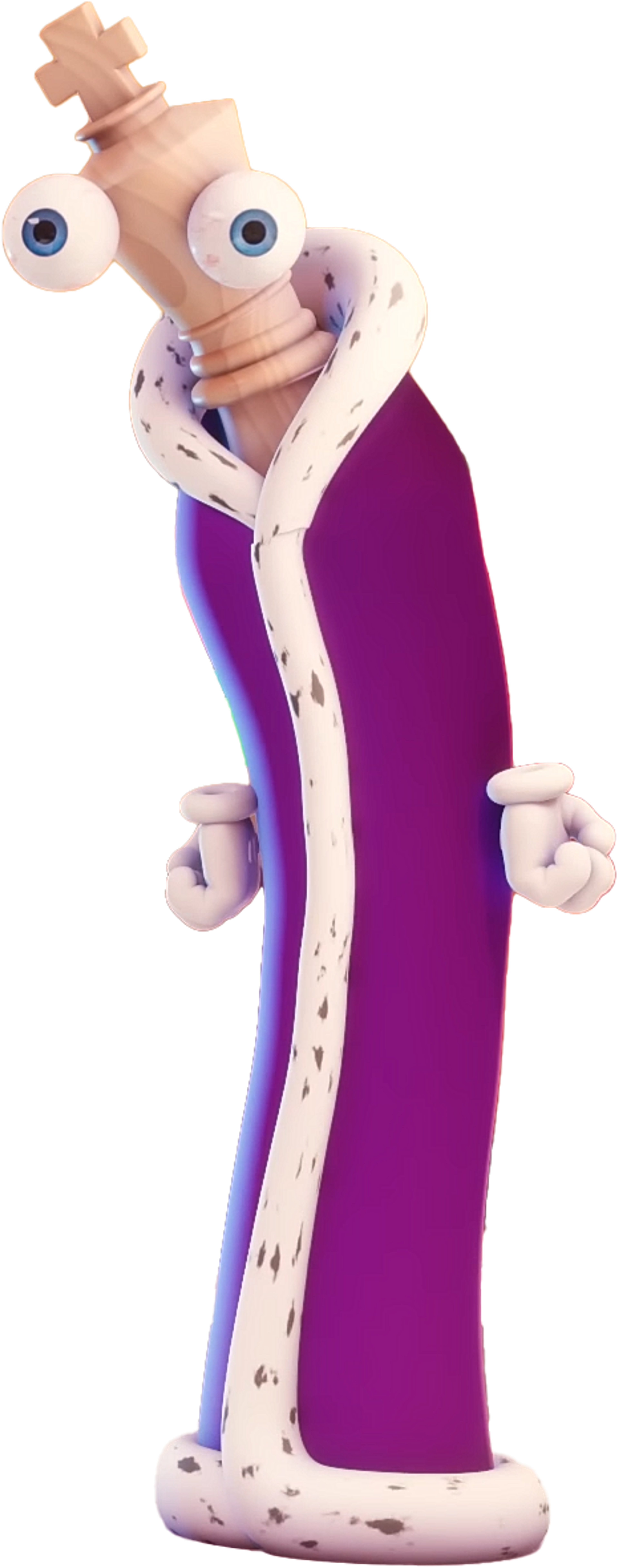 An anthropomorphized king chess piece character with a quirky, erratic appearance