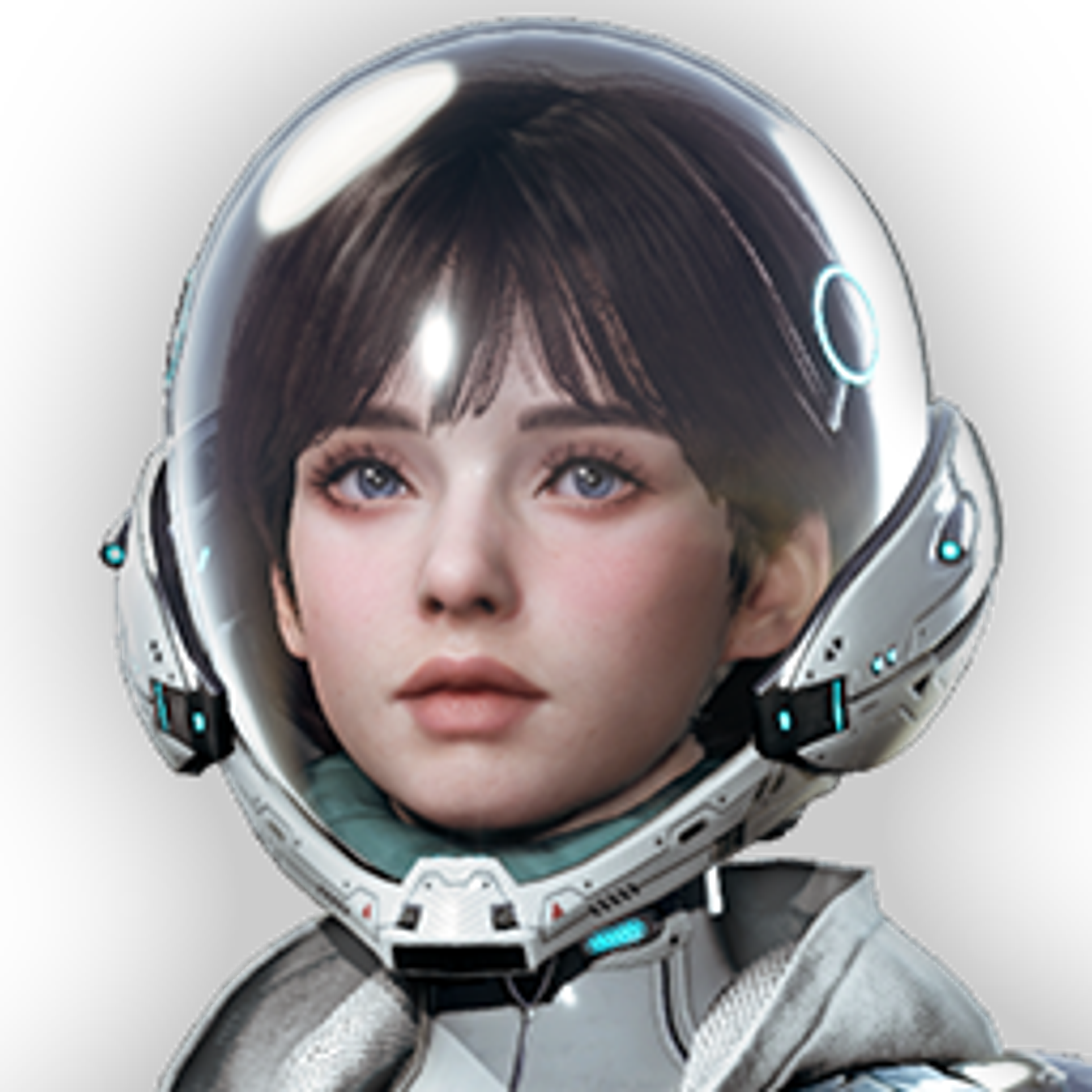 A young woman in a white spacesuit-like outfit with long dark hair and a serene expression.