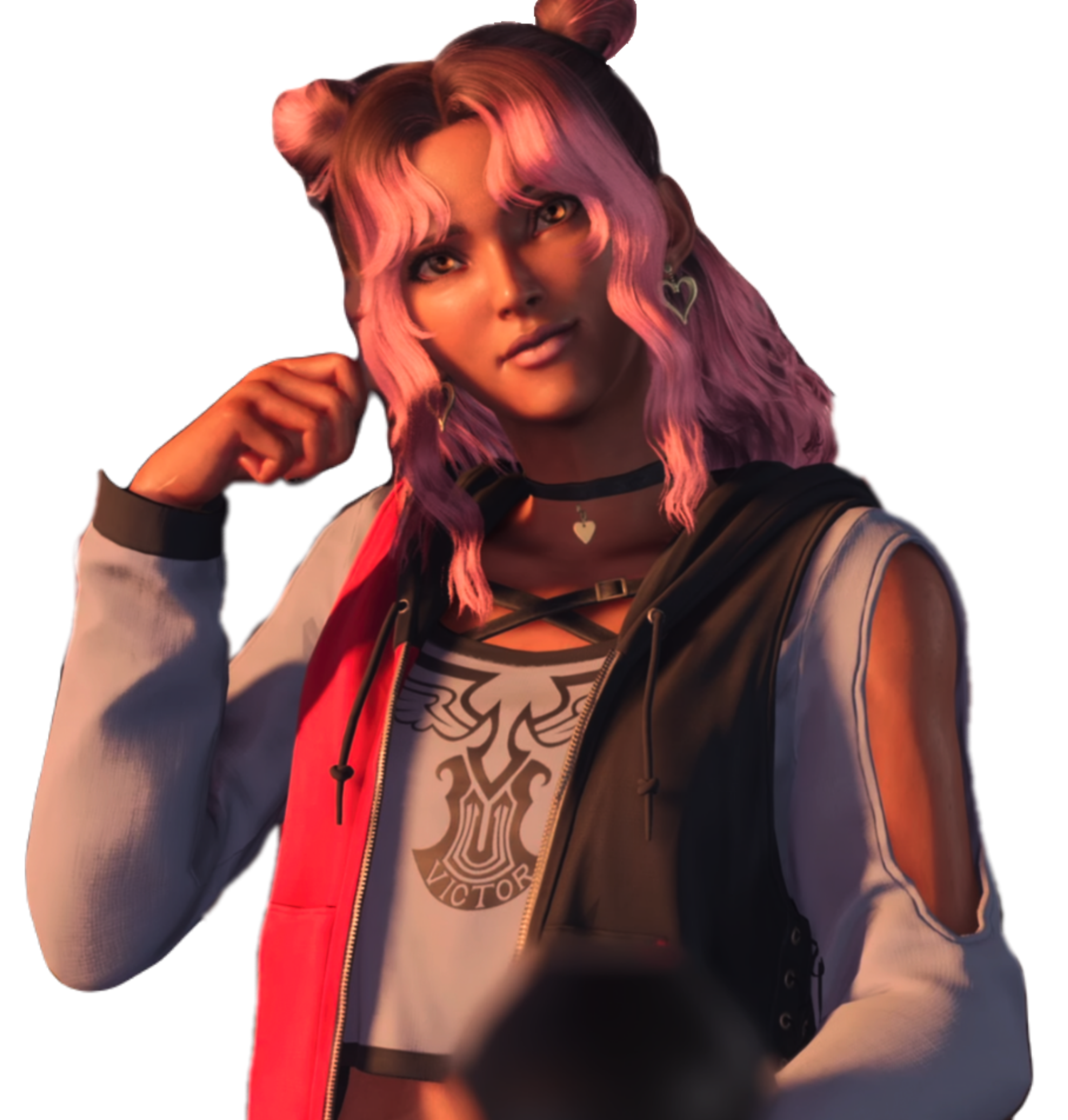 A young woman with pink hair and a confident expression, wearing a streetwear-inspired outfit.