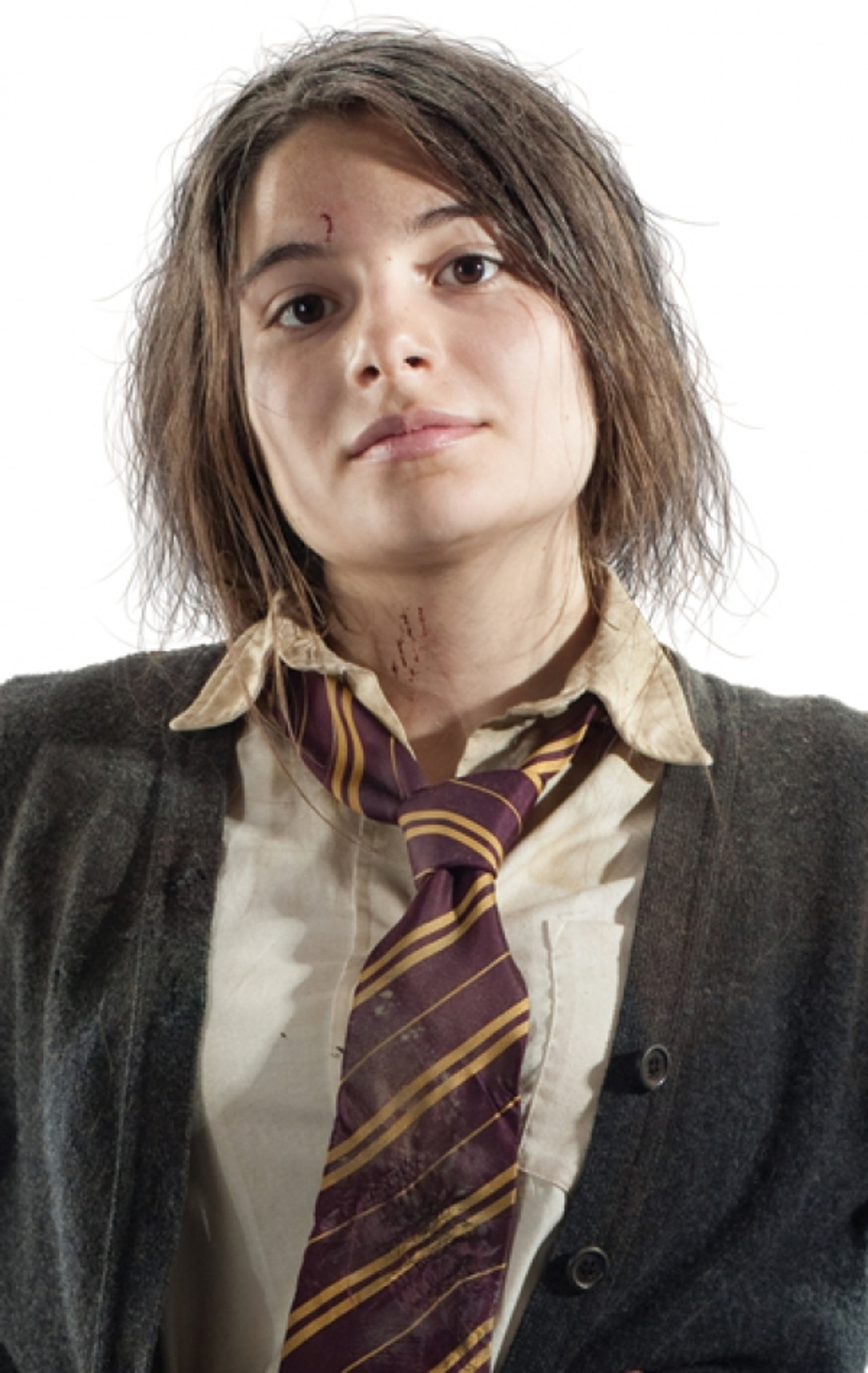 A young woman in a Hogwarts school uniform with a serious expression
