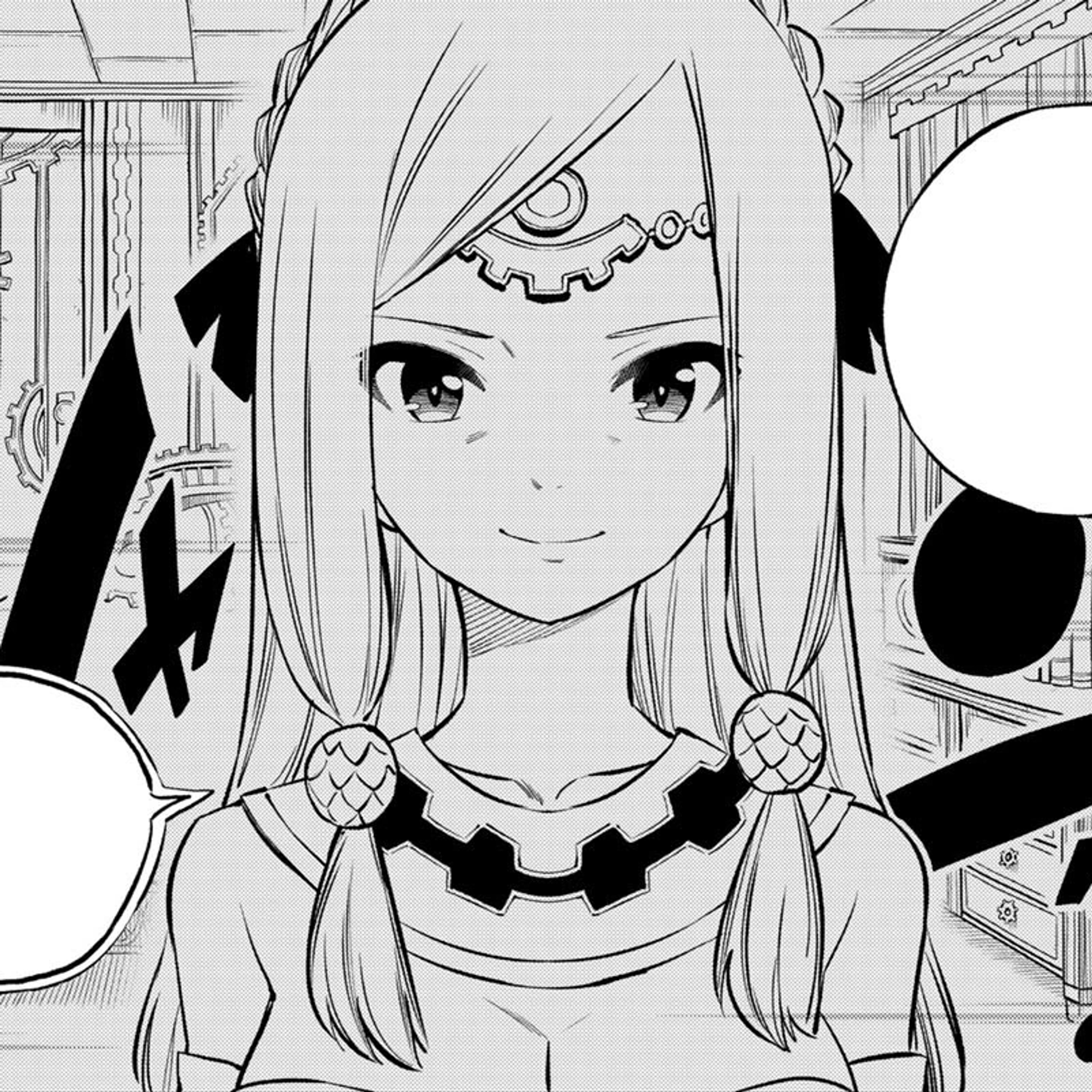 A young woman with light-colored hair in pigtails, wearing a black outfit with ornate decorations.