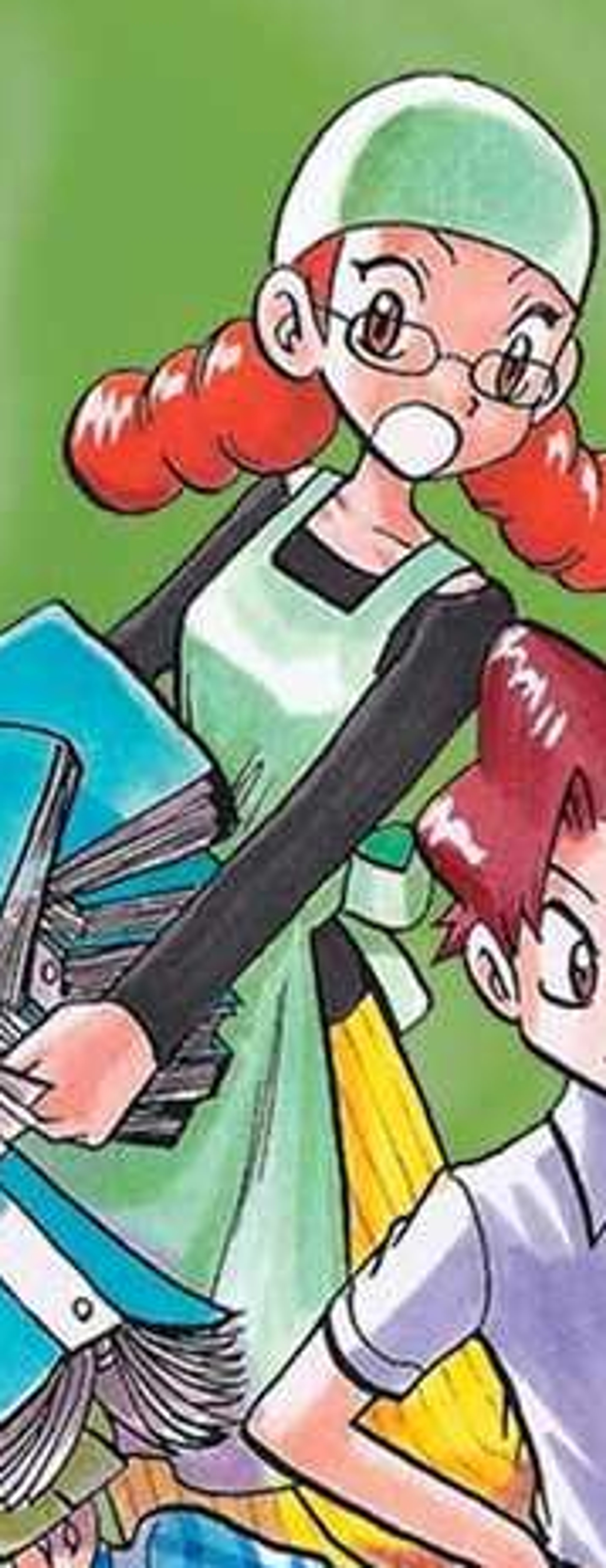 A young woman with red hair and glasses, wearing a green shirt and holding a laptop computer.