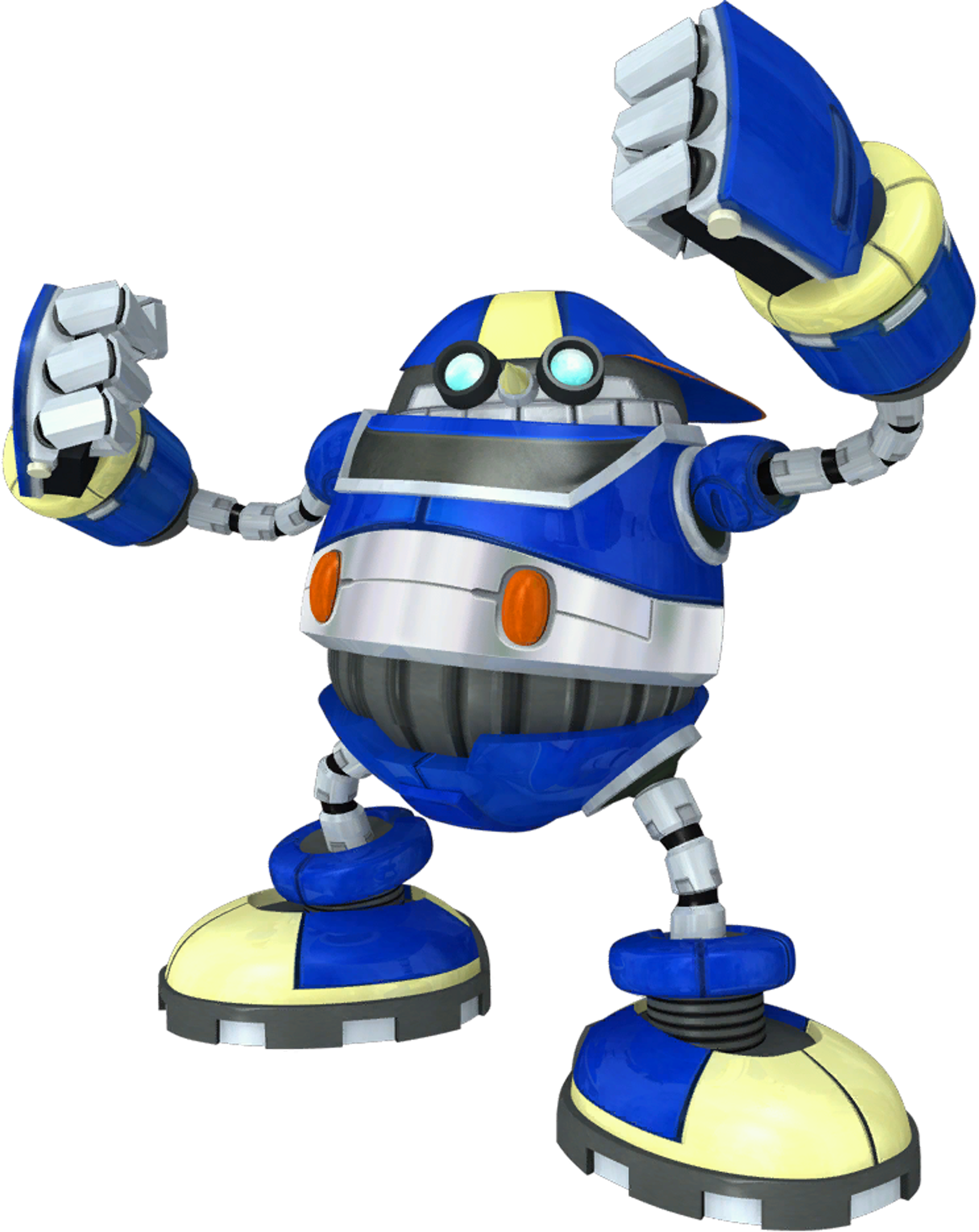 A blue and gray robot character with a sleek, humanoid design standing in a power stance.