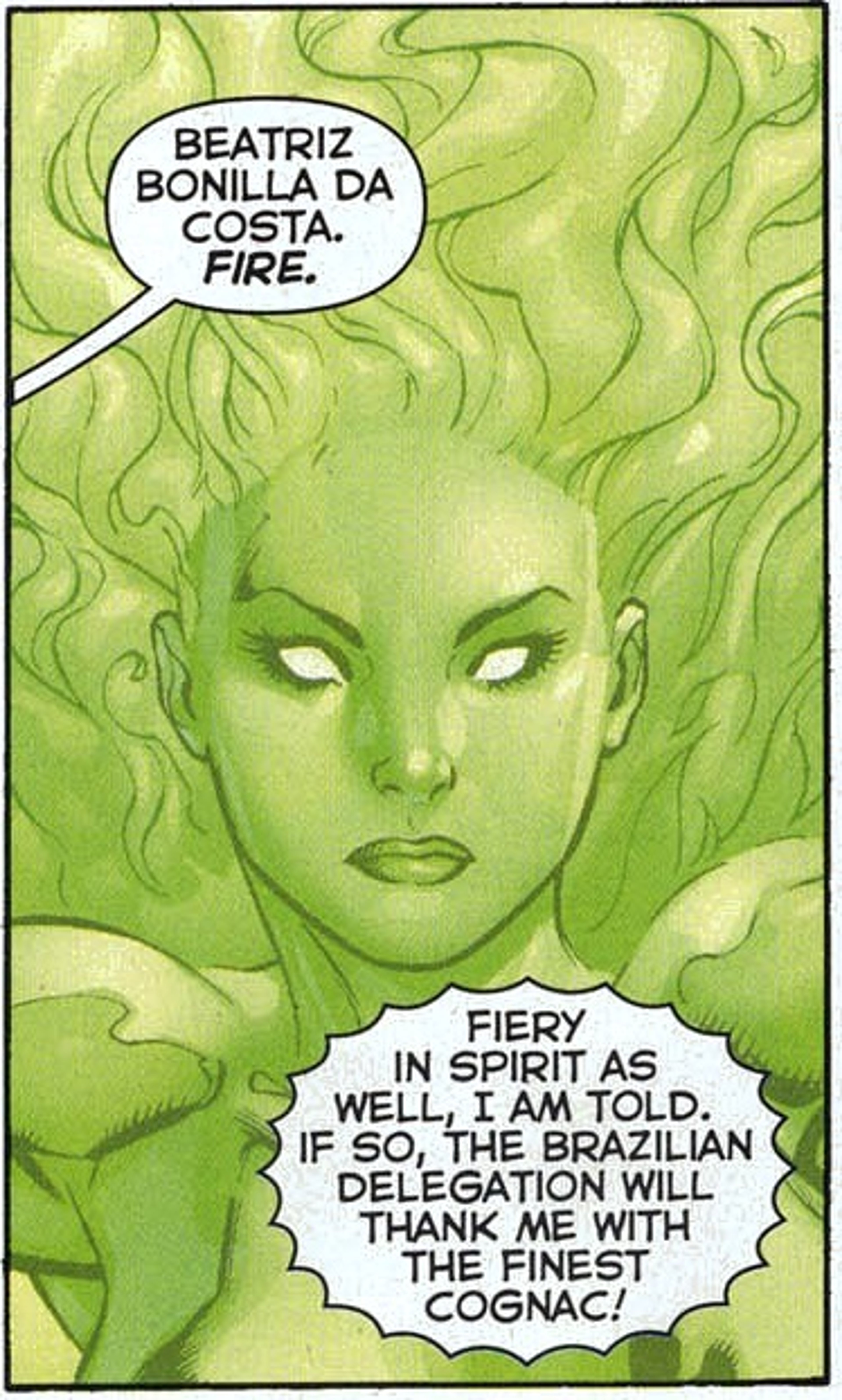 A green-skinned woman with fiery hair and a determined expression, appearing to be a superhero character.