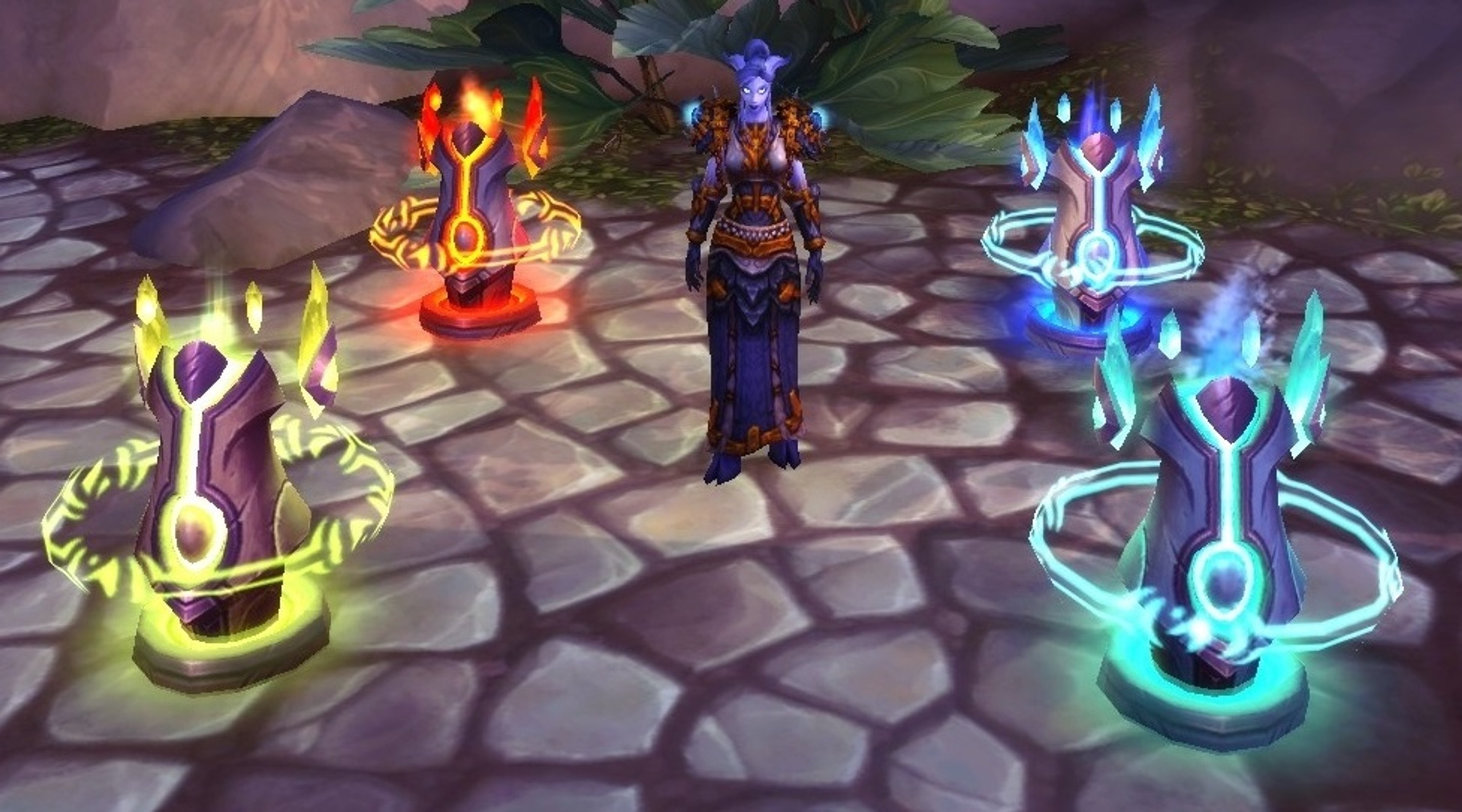 A female draenei character with blue skin, glowing eyes, and ornate robes and armor, standing in a fantastical environment.