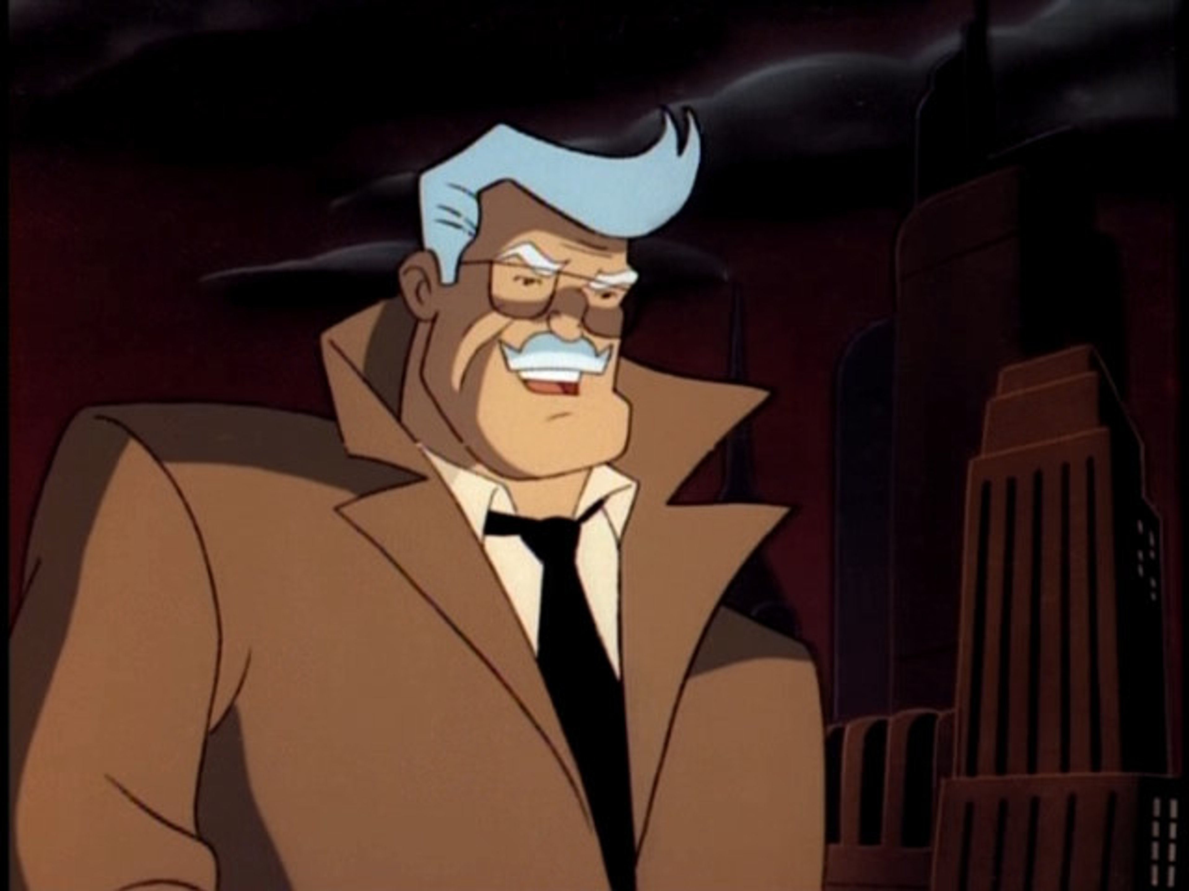 An older, serious-looking man in a trenchcoat and tie, likely the character of James Gordon from DC Comics.