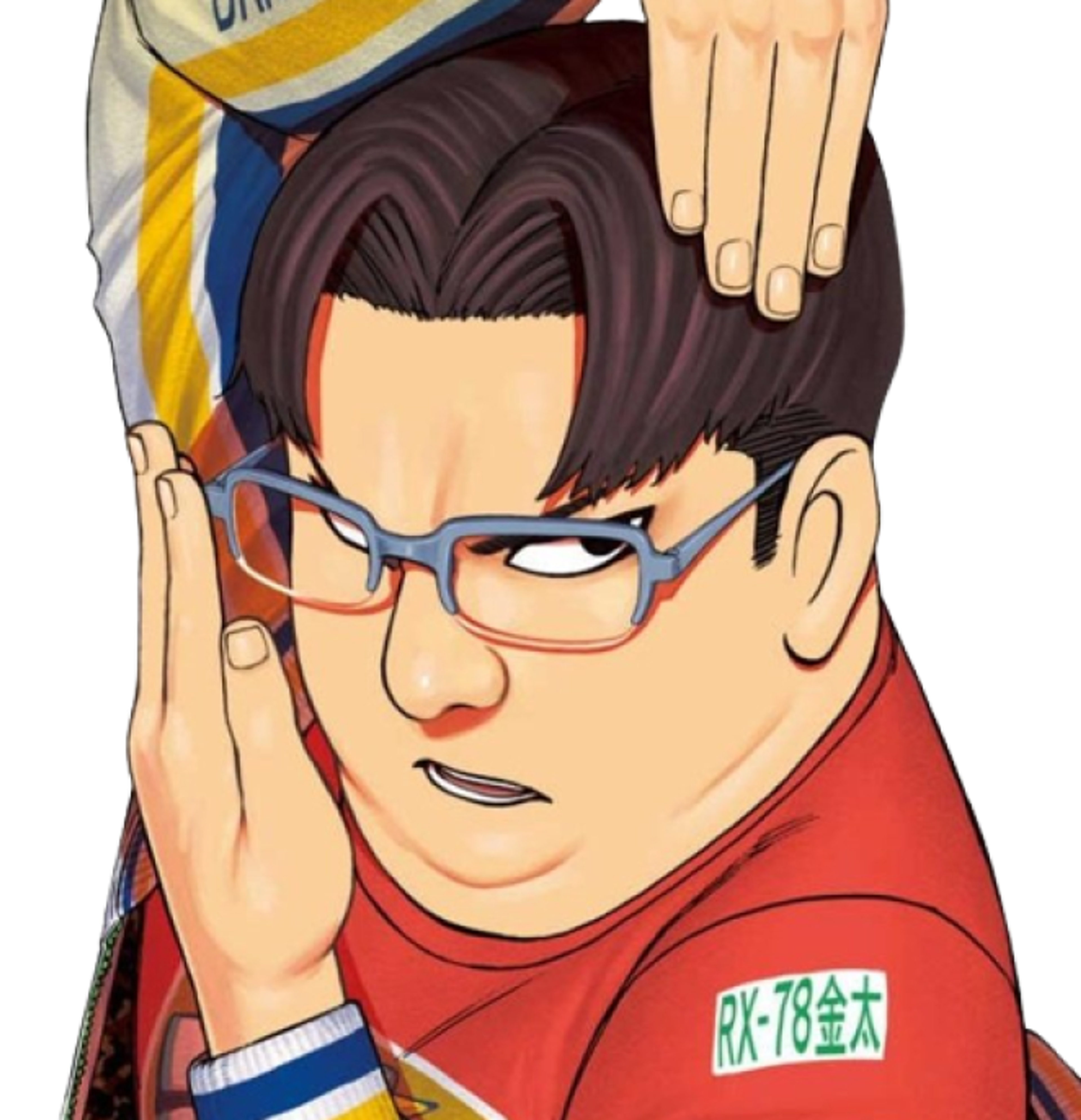 An anime-style character with glasses and a confident expression