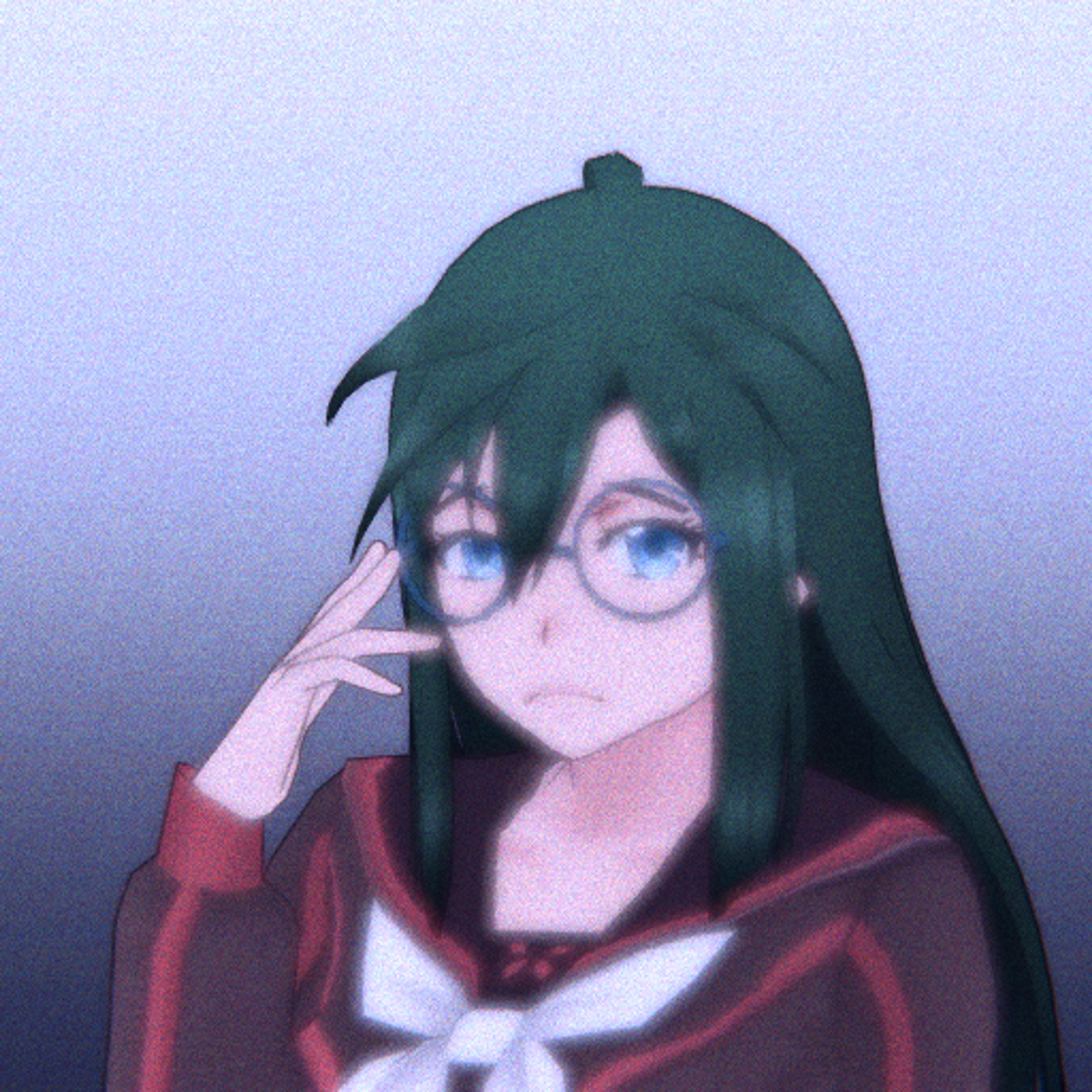 An anime-style character with dark hair, glasses, and a red school uniform