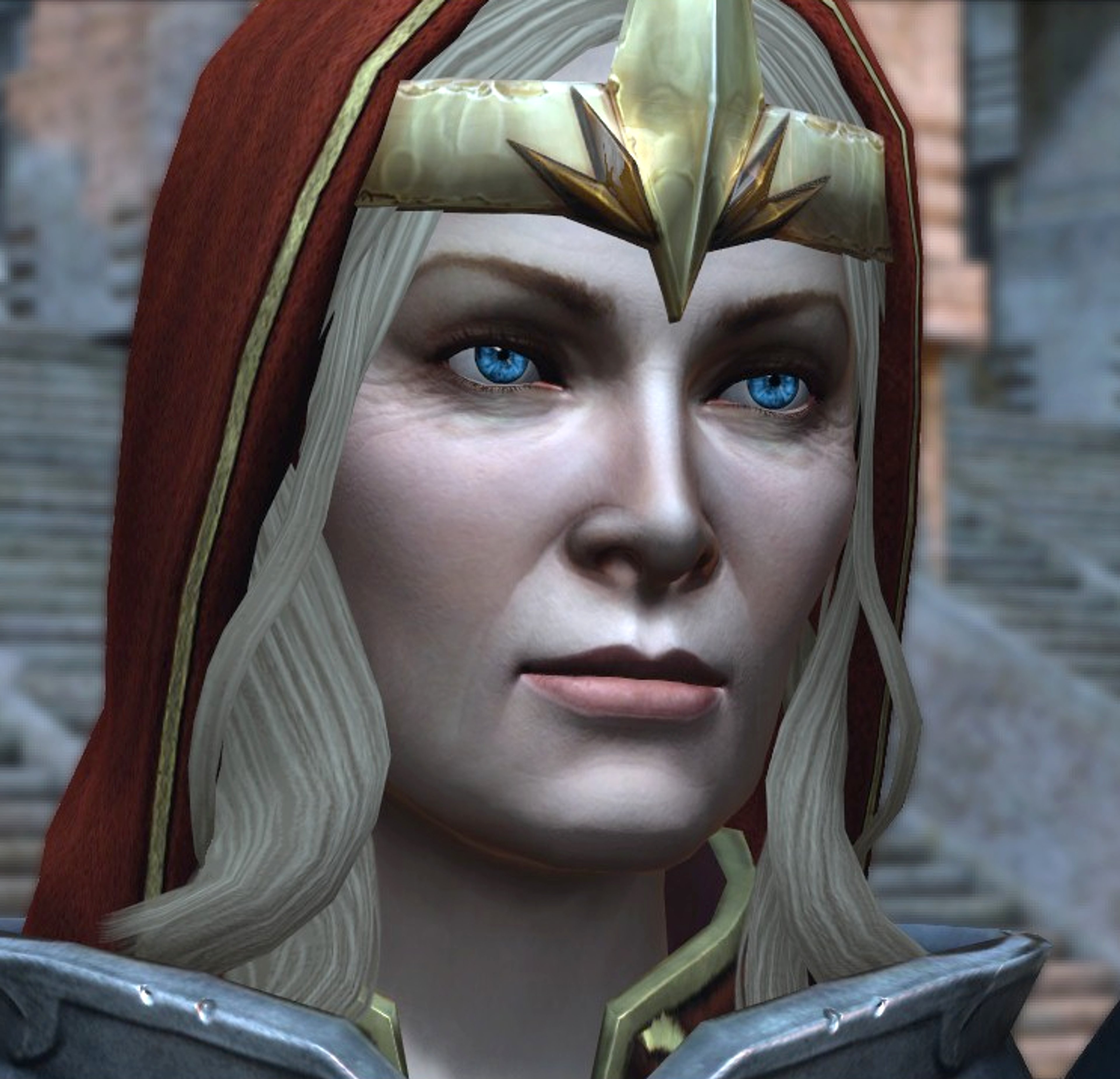 A woman in red and gold armor with a stern expression